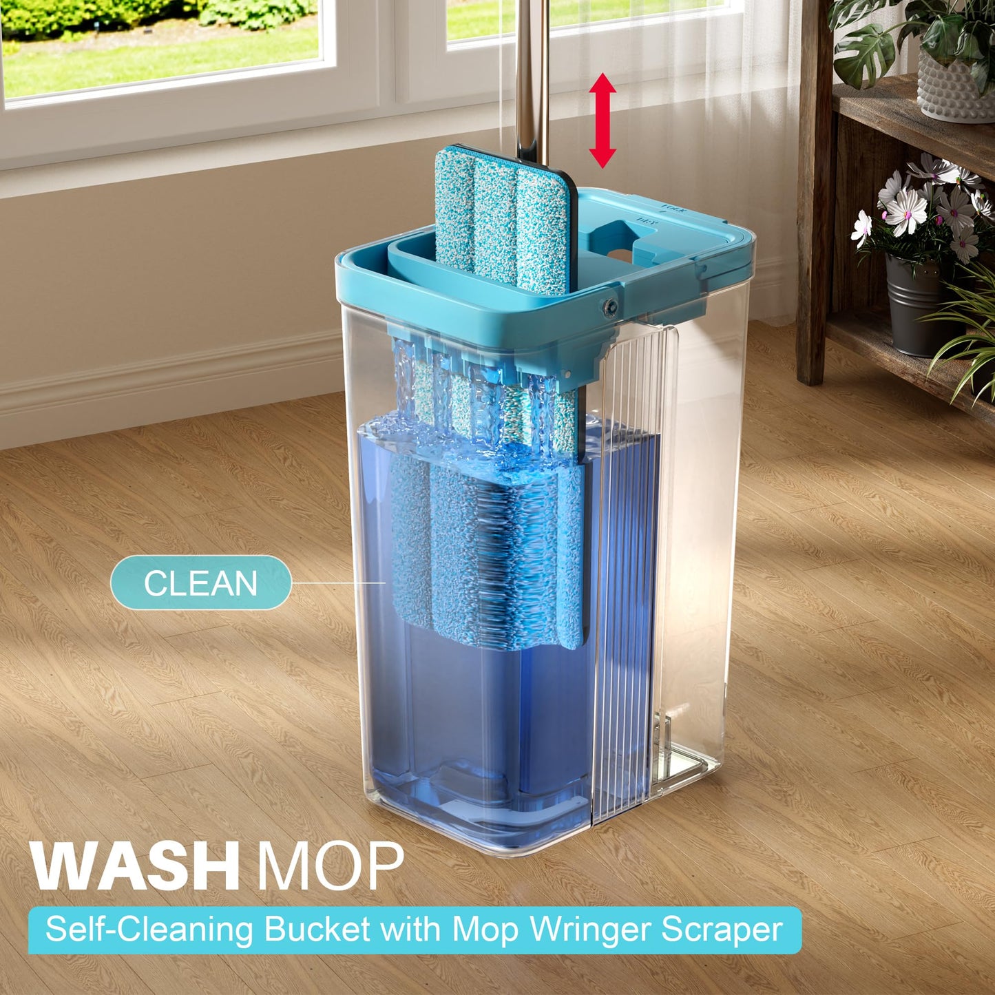 JOYMOOP Mop and Bucket Set, Mops for Floor Cleaning, Wall Mop Cleaner with Long Handle, with 4 Reusable Microfiber Mop Pads - Grey+Cyan Blue