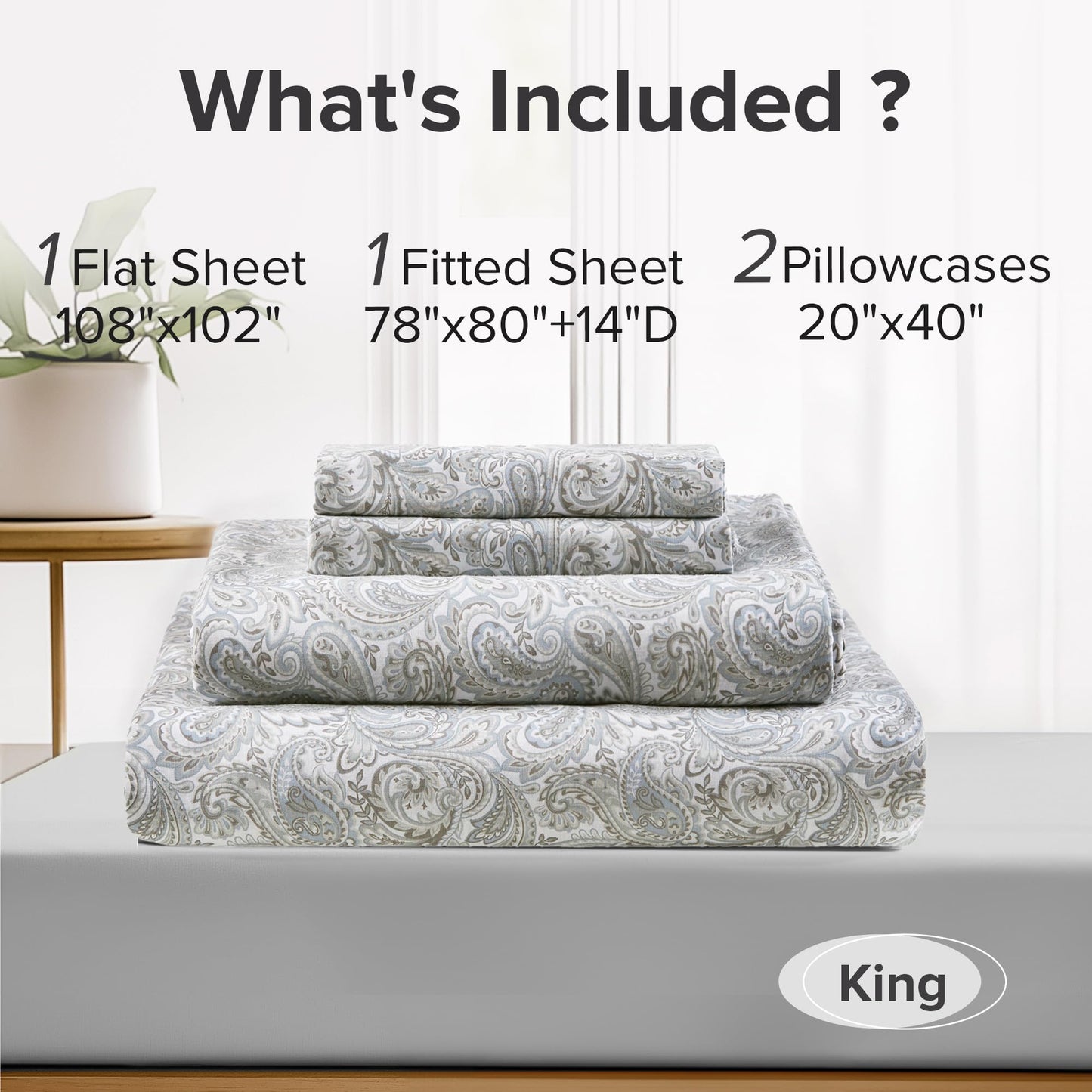 Comfort Spaces 100% Cotton Sheets King, Breathable, Naturally Cool Cotton Sheets, Soft Cotton Bed Sheets with 14" Elastic Pocket Fits up to 16" Mattress, All Seasons Sheet Set, Paisley Multi 4 Piece