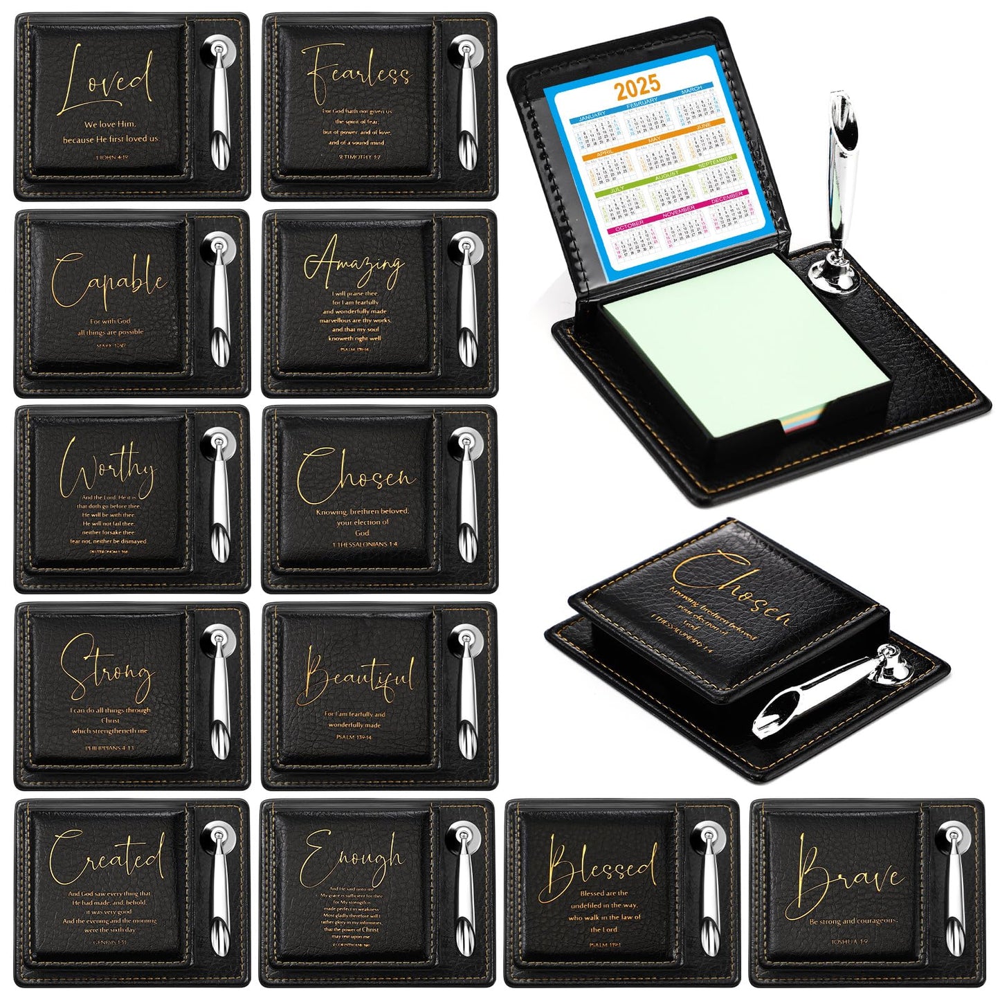 Spakon 12 Set Christian Gifts Bulk, Fathers Day Religious Bible Verse Sticky Note Holder with Pen, PU Leather Scripture Memo Box for Graduation Women Men, Inspirational Church Gifts (Black)