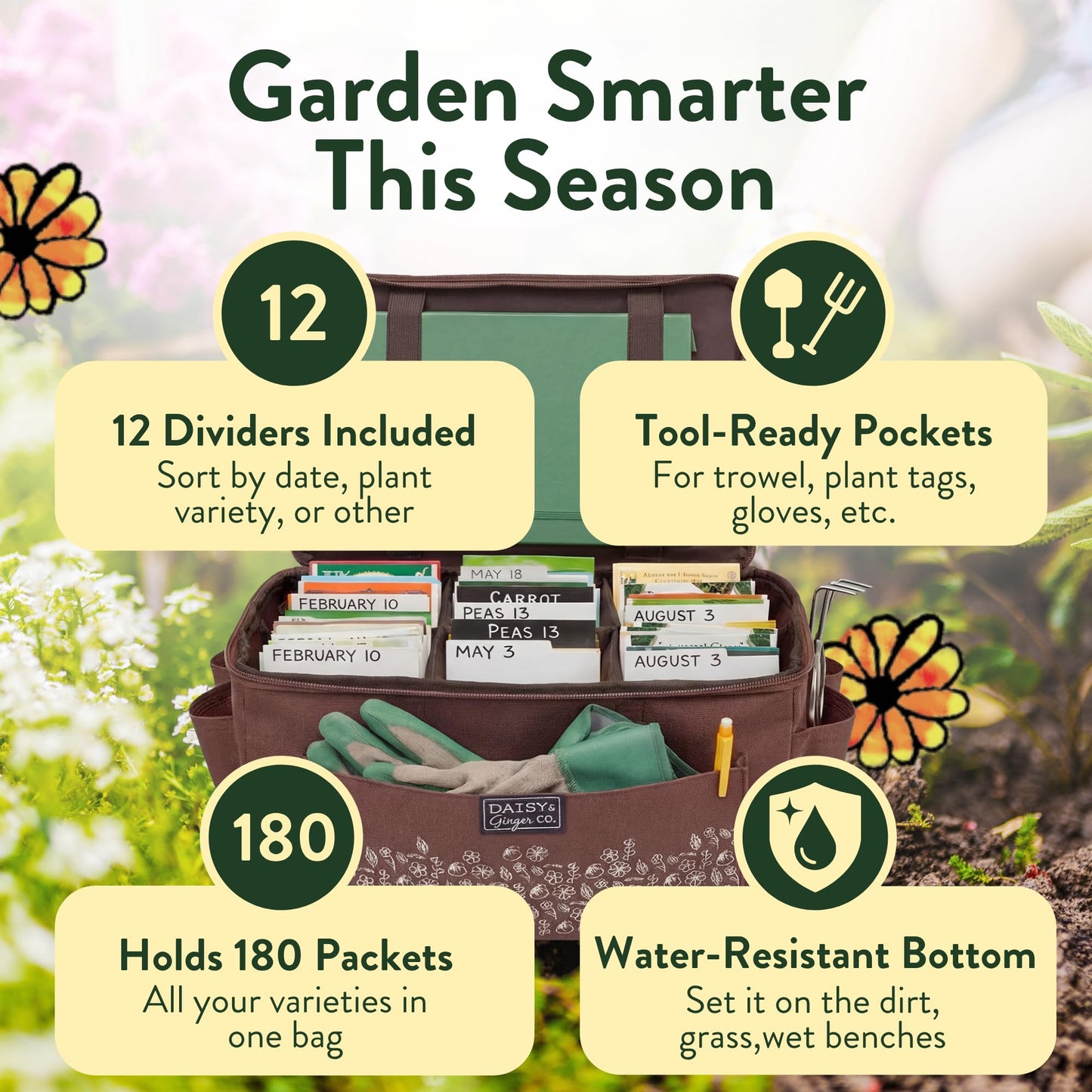 SEED STORAGE ORGANIZER TOTE BAG - Flexible Canvas Seed Organizer Holds 180 Seed Packets with Shoulder Strap, Side Pockets and 12 reusable Tabs for Gardeners | Water Resistant Bottom, Notebook Straps