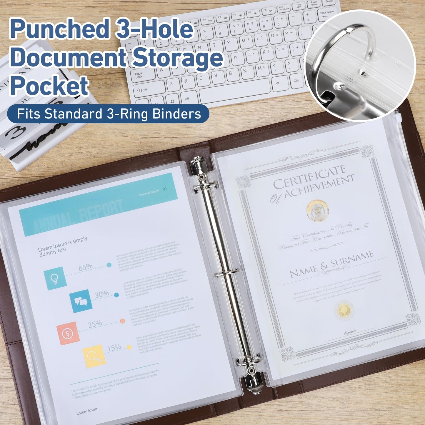 Antner 48 Pack Letter Size Binder Pockets for 3-Ring Binder Zipper Pouch Waterproof PVC Document Organizer 3-Hole Loose Leaf Folders File Sleeves Storage Bags Side Loading for Business Office Supplies