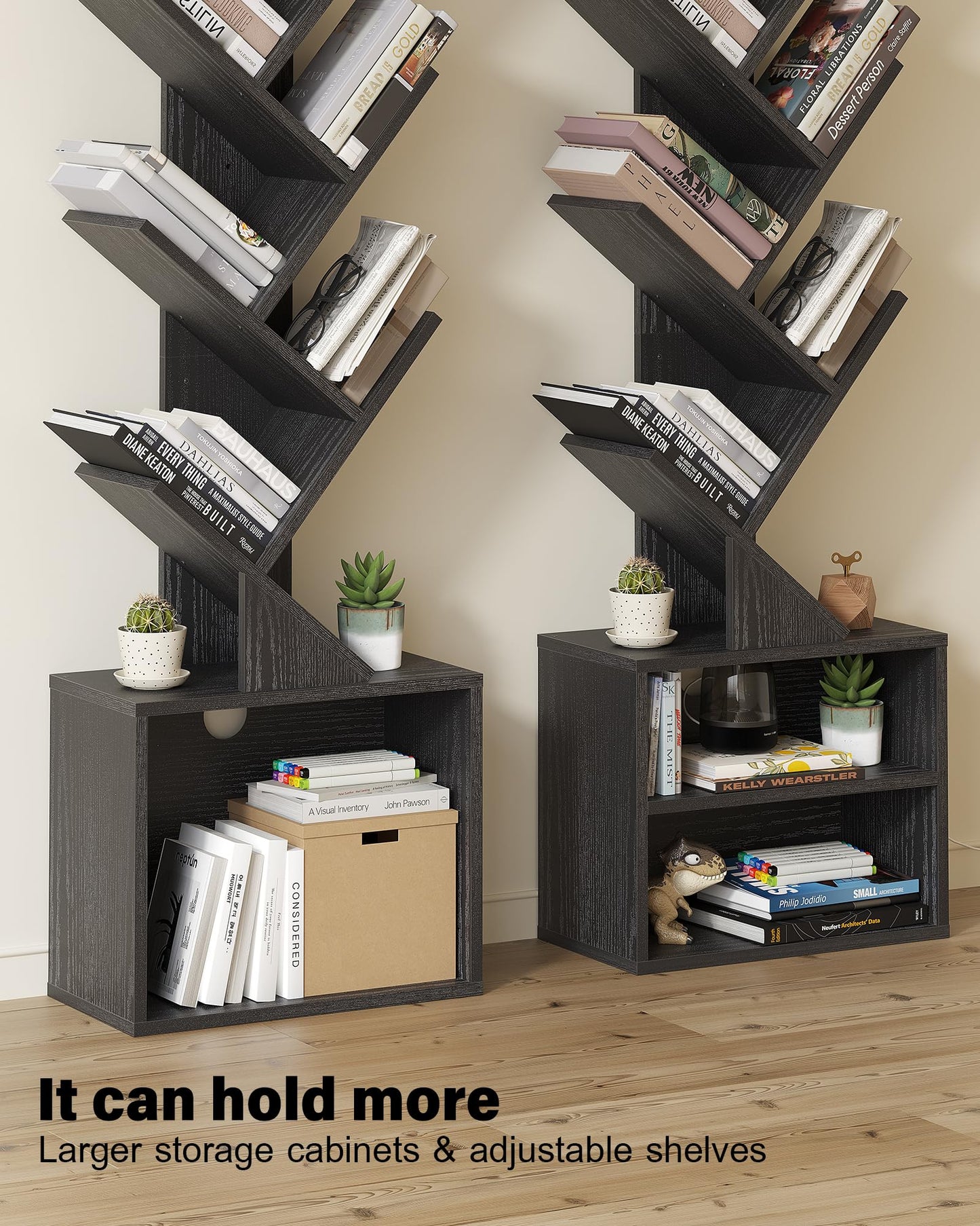 SUNMORY 6 Tier Tree Bookshelf, Small Bookcase with Storage Cabinet, Modern Narrow Bookshelves Organizer, Floor Standing Book Shelf for Bedroom/Living Room/Home Office/Corner, Black
