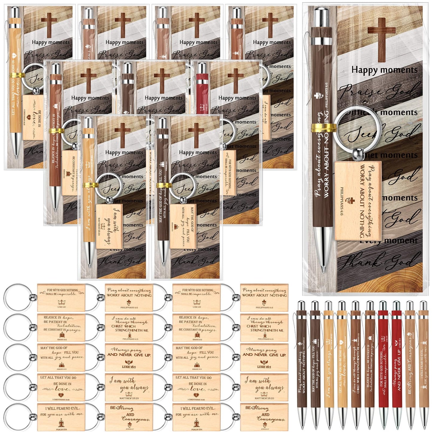 Spakon 120 Pcs Fathers Day Church Gifts Bulk, 40 Bible Verse Bamboo Pens 40 Church Keychains 40 Cross Bookmarks and Bags for Religious Sunday School Christian Party