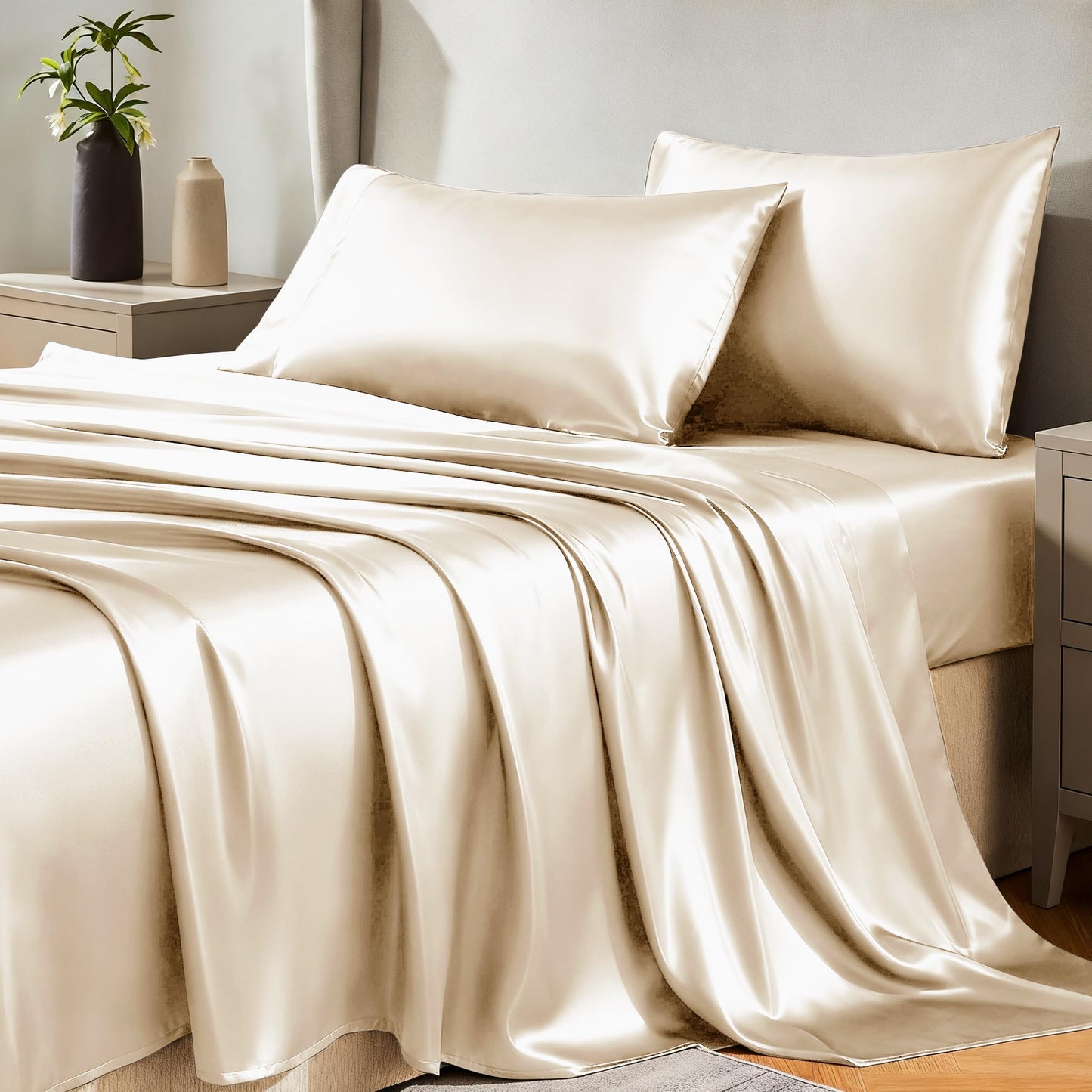 CozyLux Satin Sheets Queen Size Bed Set - Silky Soft Bedding Similar to Silk, 4 Piece Sheet Set for Hair and Skin, Deep Pocket with All-Around Elastic, Home Decor for Bedroom, Champagne