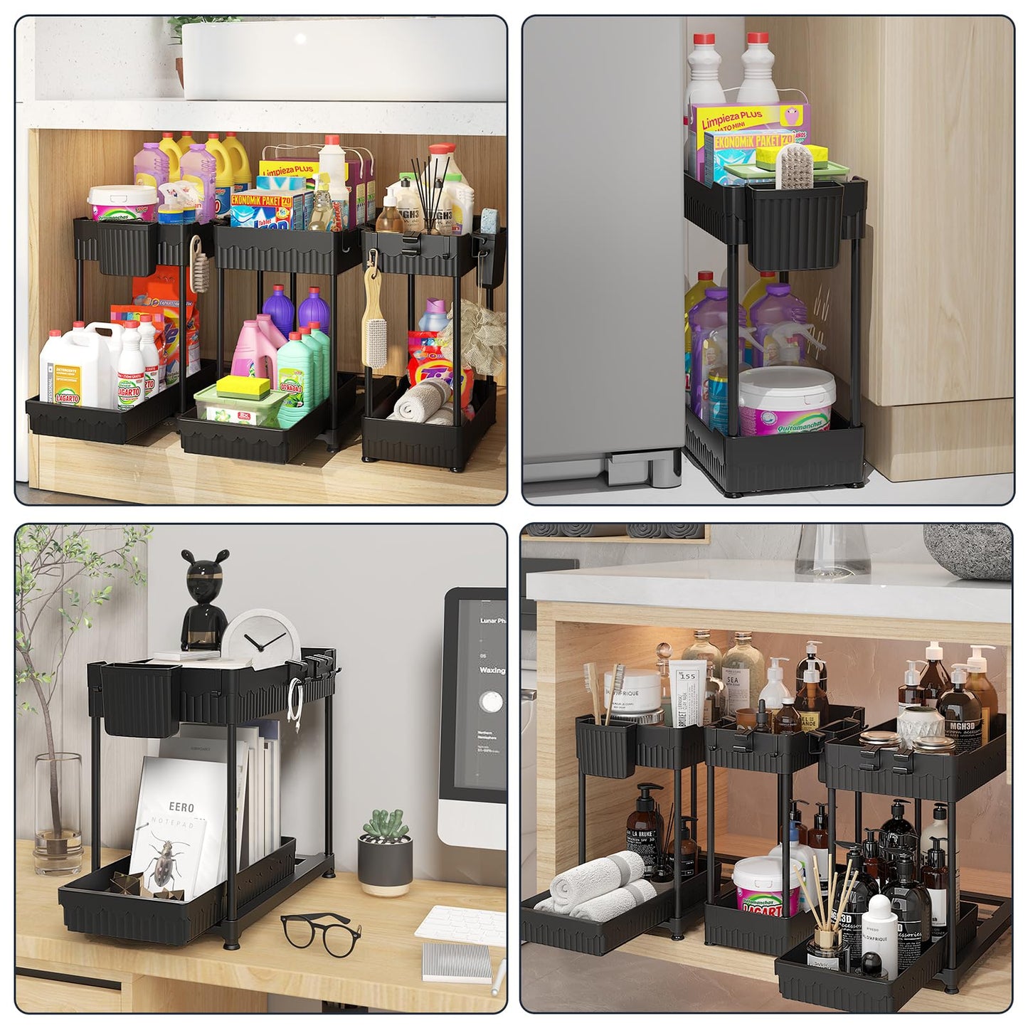 Sevenblue 3 Pack Under Sink Organizers, 2-Tier Multi-Use Kitchen and Bathroom Organizers and Storage with Sliding Drawers, Bathroom Cabinet Organizer (Black, 14.8 Inch)
