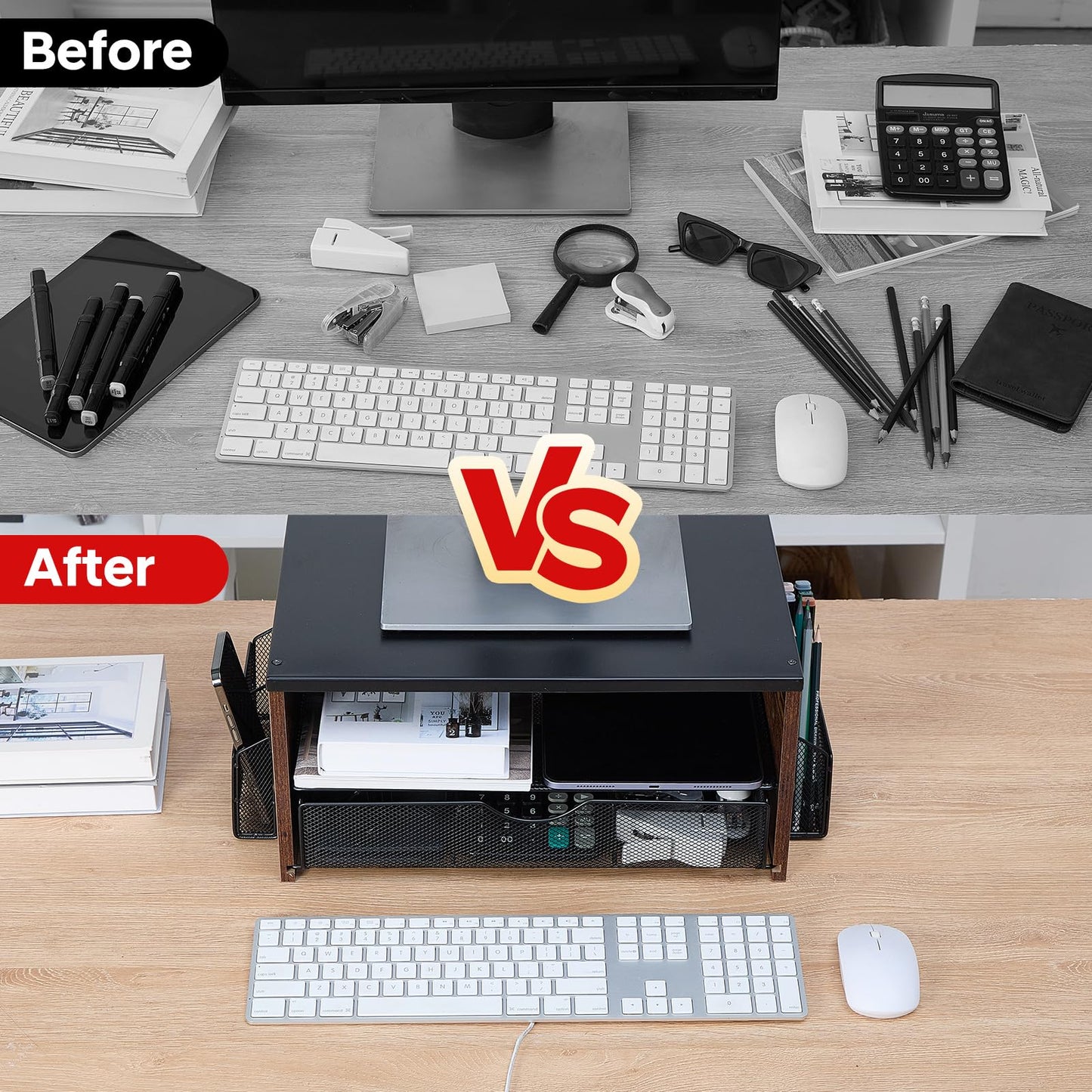 Xmoddes Printer Stand,Desktop Printer Stand with 2-Tier Storage Shelves for Home Office，Desk Organizer with Drawer and 2 Pen Holders for Fax Machine Scanner Files