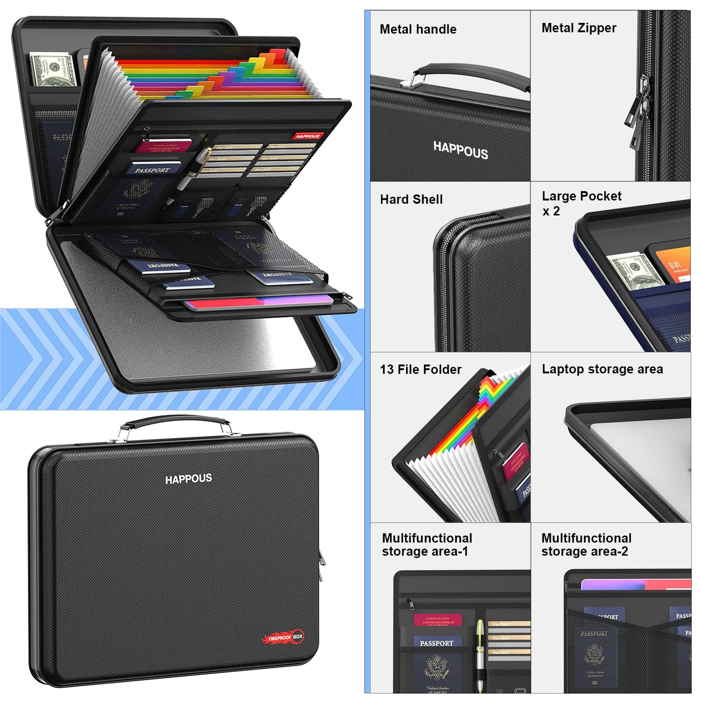 HAPPOUS Fireproof Document Organizer, Expanding File Organizer with 13 Pockets, Portable Fireproof Document Box Hard-Shell Document Organizer Storage for Documents Laptop Passports Cards Black
