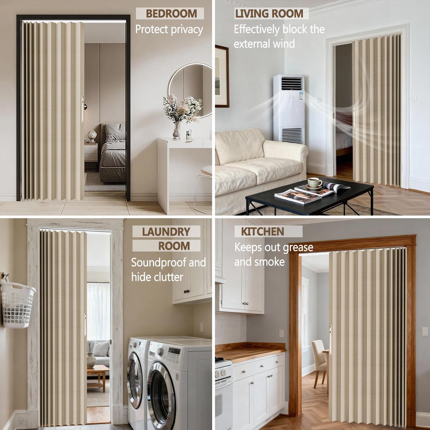 Jilron Accordian Door Curtain,Install Adhesive Track 100% Blackout Doorway Curtains,Suitable for Bedroom,Closet,Interior Room Divider,Beige 43" W×78" L,1 Piece