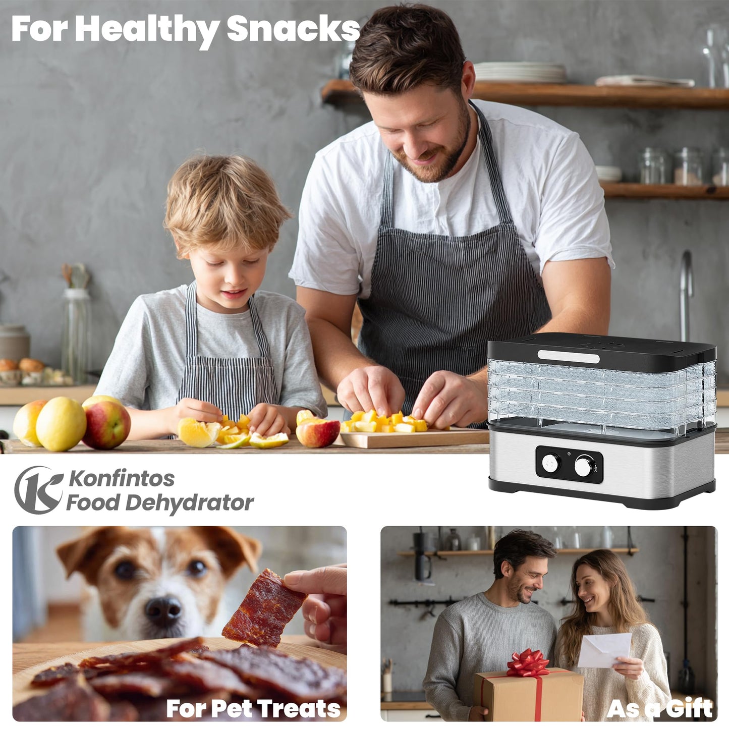 Food Dehydrator Machine for Jerky, 5 Stackable BPA-Free Trays with Temperature Control, 250W Small Dehydrator for Fruit, Beef and Deer Jerky, Mushroom, Herbs, Recipe Included, 72H Max
