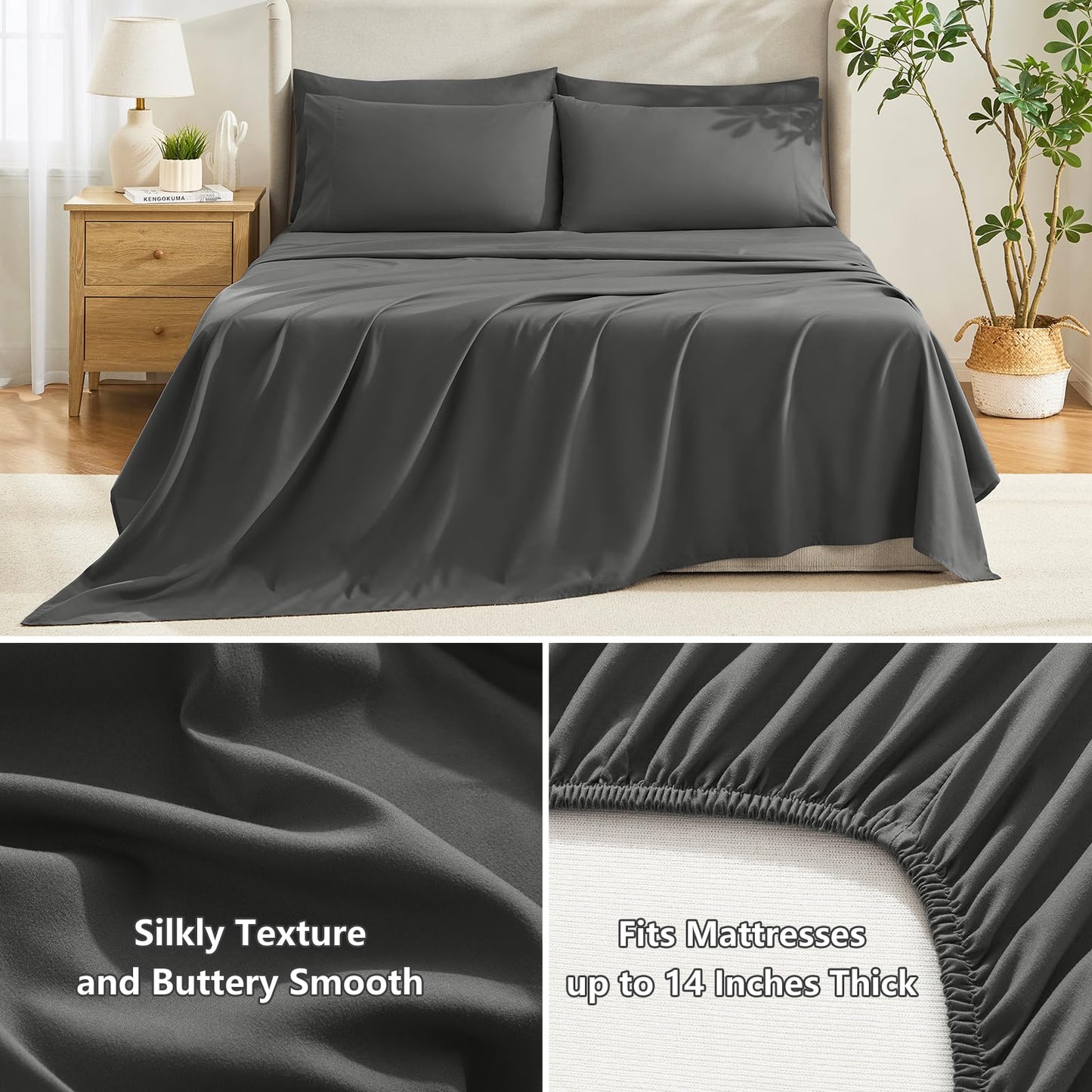 HIMEET Queen Comforter Set Dark Grey, Luxury Soft Bed in a Bag, Fluffy Dark Gray Bed Set Queen Size 7 Pieces, All Seasons Bedding Sets with Comforter, Flat Sheet, Fitted Sheet & Pillowcases