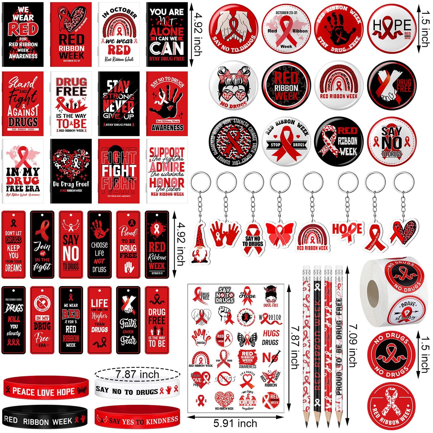 24 Sets Red Ribbon Week Supplies Bulk Include Red Ribbon Awareness Pin Notebook Bookmarks Drug Free Keychain Silicone Wristbands Pencils Stickers Tattoos for Student Teenage Say No to Drugs Event Gift