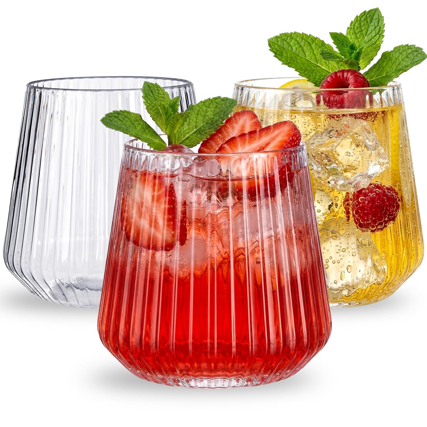 Ciaell 30 Pack Plastic Ribbed Wine Glasses - 12 OZ Thicker Origami Stemless Disposable Wine Champagne Whiskey Unbreakable Cocktail Glass, Reusable Wine Cups for Party Wedding Bar