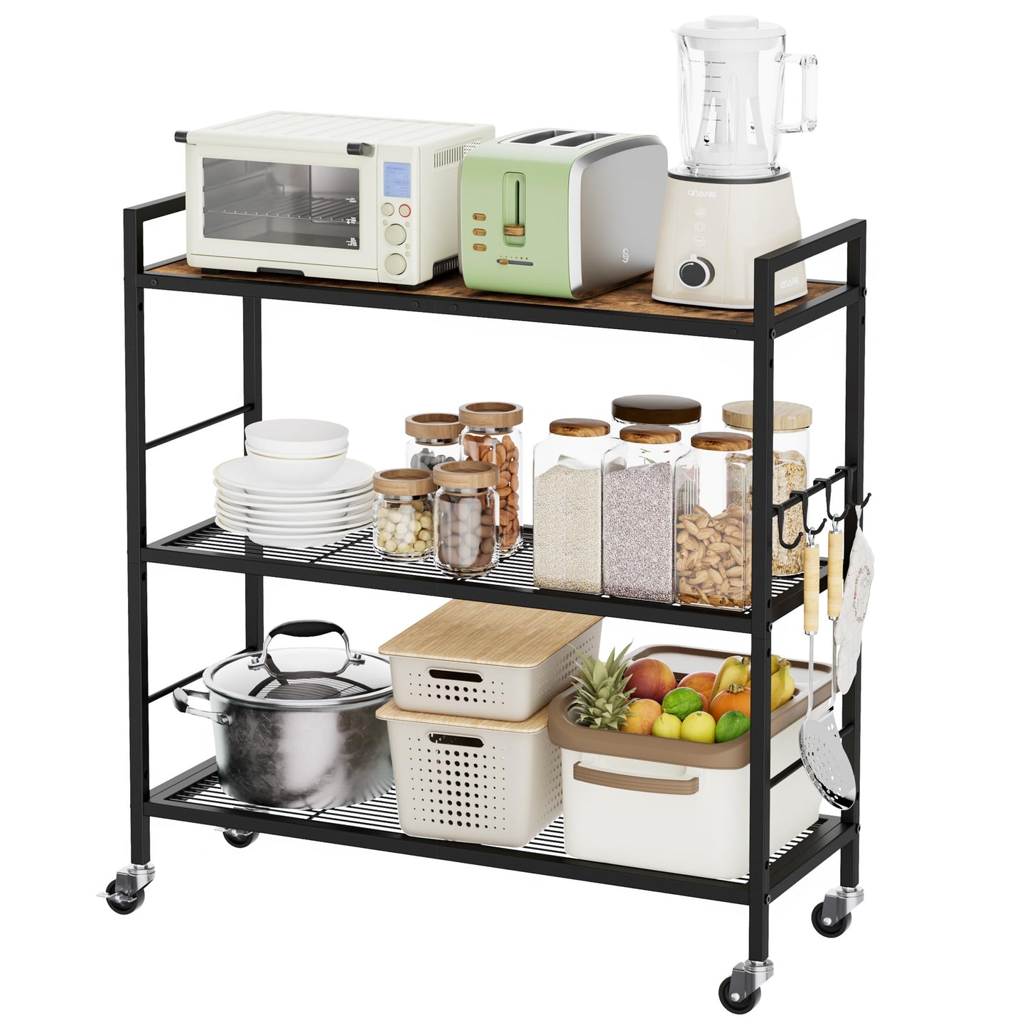 XIVIRACK 3-Tier Metal Storage Rack with Industrial Wheels,Mesh Shelving Unit with Wooden Table top,Adjustable Shelf,31.5-Inch Width, for Kitchen, Laundry,Pantry,Plant,Black