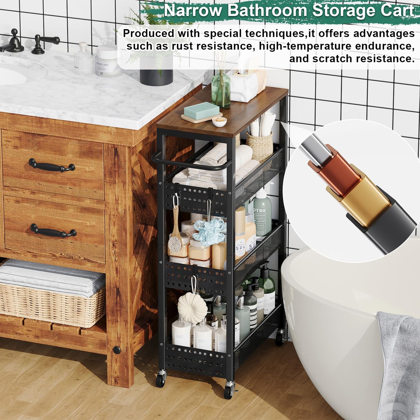 Utility Slim Storage Cart, 4-Tier Narrow Bathroom Organizer and Storage Cart, Metal Narrow Kitchen Laundry Room Organization Rack with Wood Top, Slim Rolling Shelf with Wheels for Small Space