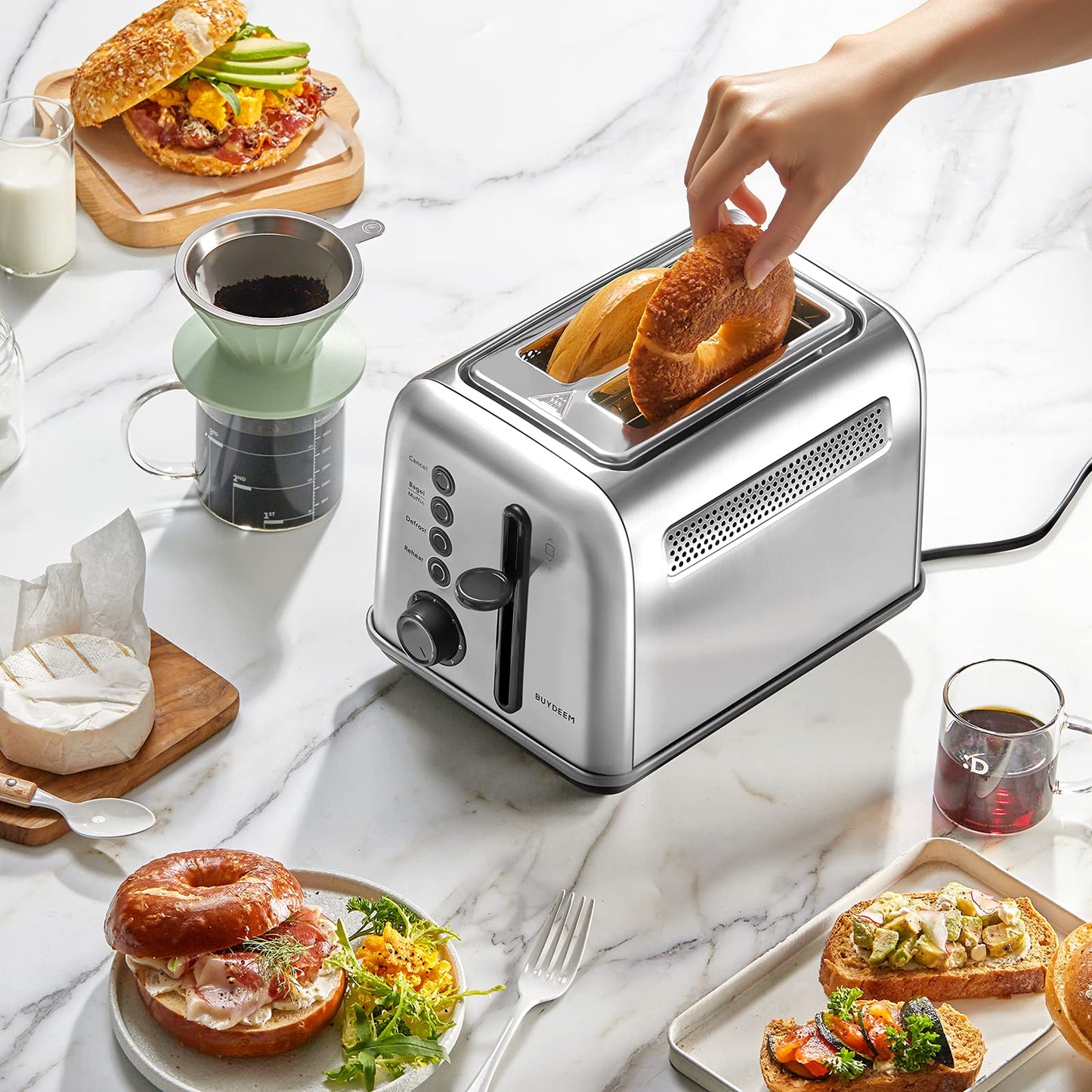 BUYDEEM DT620 2-Slice Toaster, 7 Shade Settings, Extra Wide 1.5'' Slots for Bagel & English Muffin, 6 Toasting Functions, Retro Stainless Steel Toaster with High Lift Lever, Silver