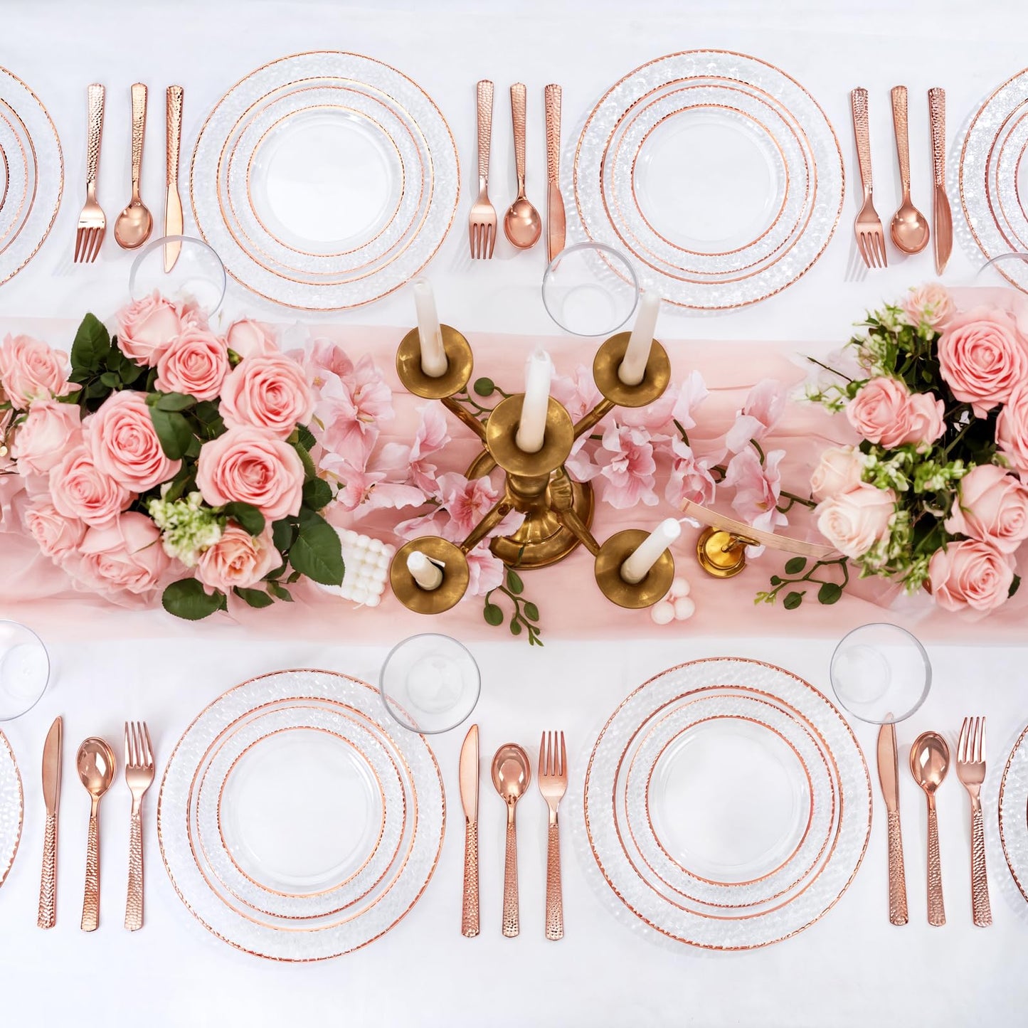 Ciaell 150PCS Rose Gold Plastic Plates – Disposable Plates with Rose Gold Plastic Silverware include 50Plates, 25Forks, 25Knives, 25Spoons, 25Cups for Wedding & Party