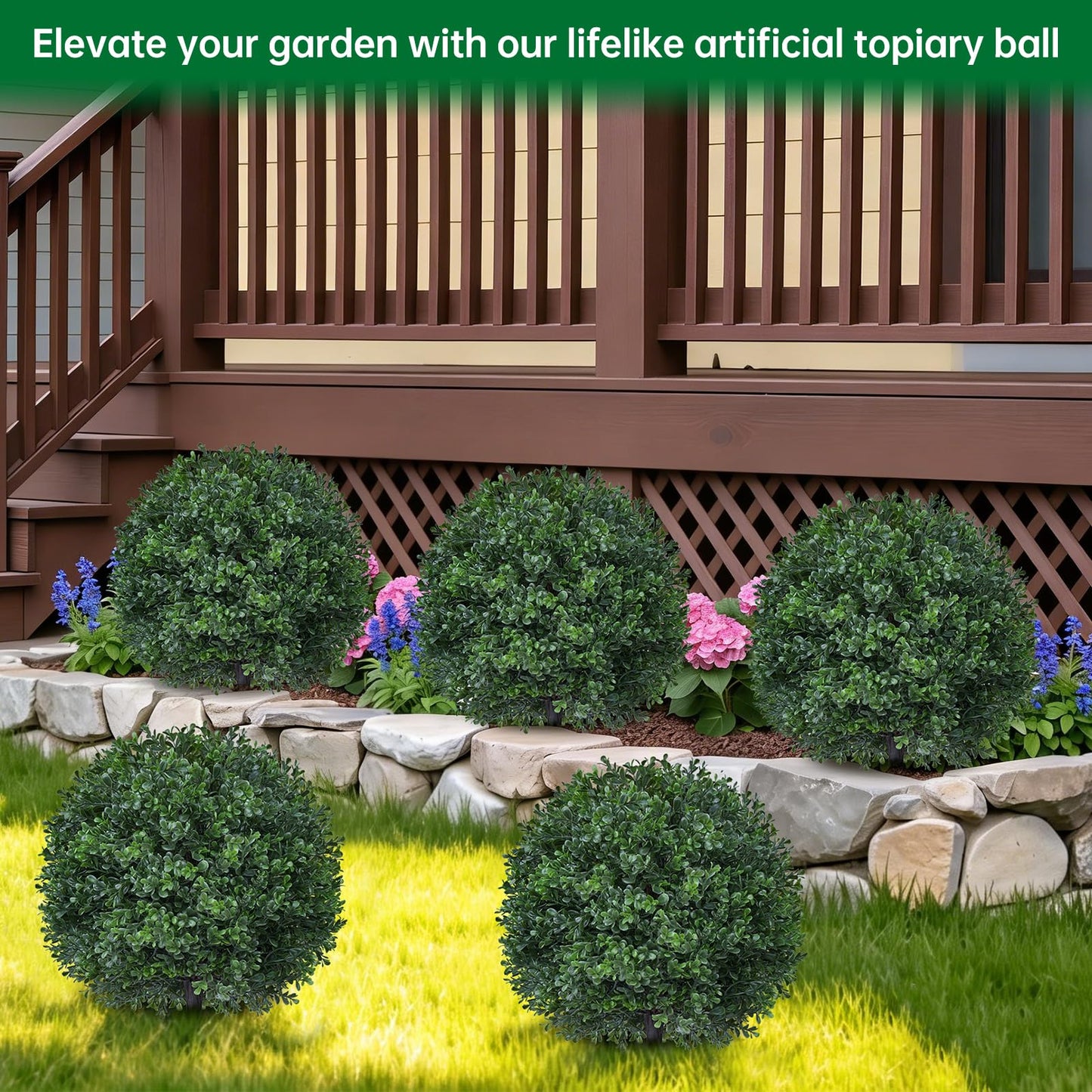 Artificial Boxwood Topiary Trees with Ground Spike,2 Pieces Fake Pine Shrubs Bushes, UV Resistant Faux Evergreen Cypress Tree Plants for Indoor Outdoor Planters Front Porch