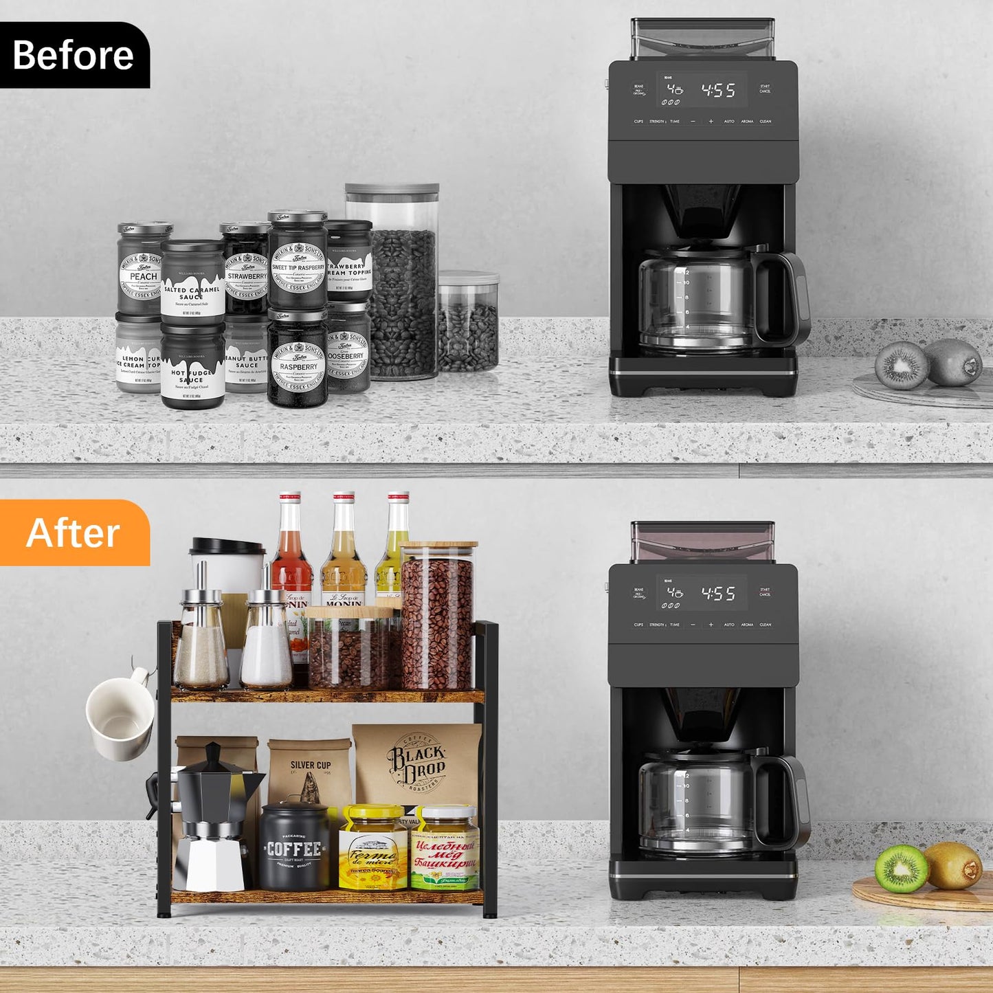 RUILALIFE Coffee-Bar-Station-Organizer Shelf for Countertop, 2 Tiers Kitchen Counter Shelf Riser, Wooden Spice Rack Organizer, Coffee Bar Accessories(Rustic Brown, Large)
