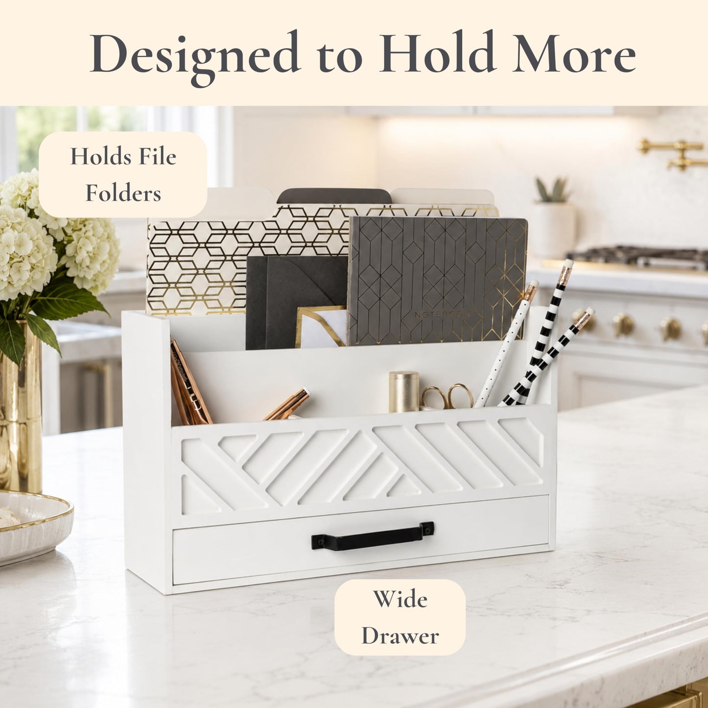BLU MONACO | Wooden Mail Organizer with Drawer | Mail Organizer Countertop with 6 Compartments | Bill Holder for Desk | White Desktop Mail Sorter
