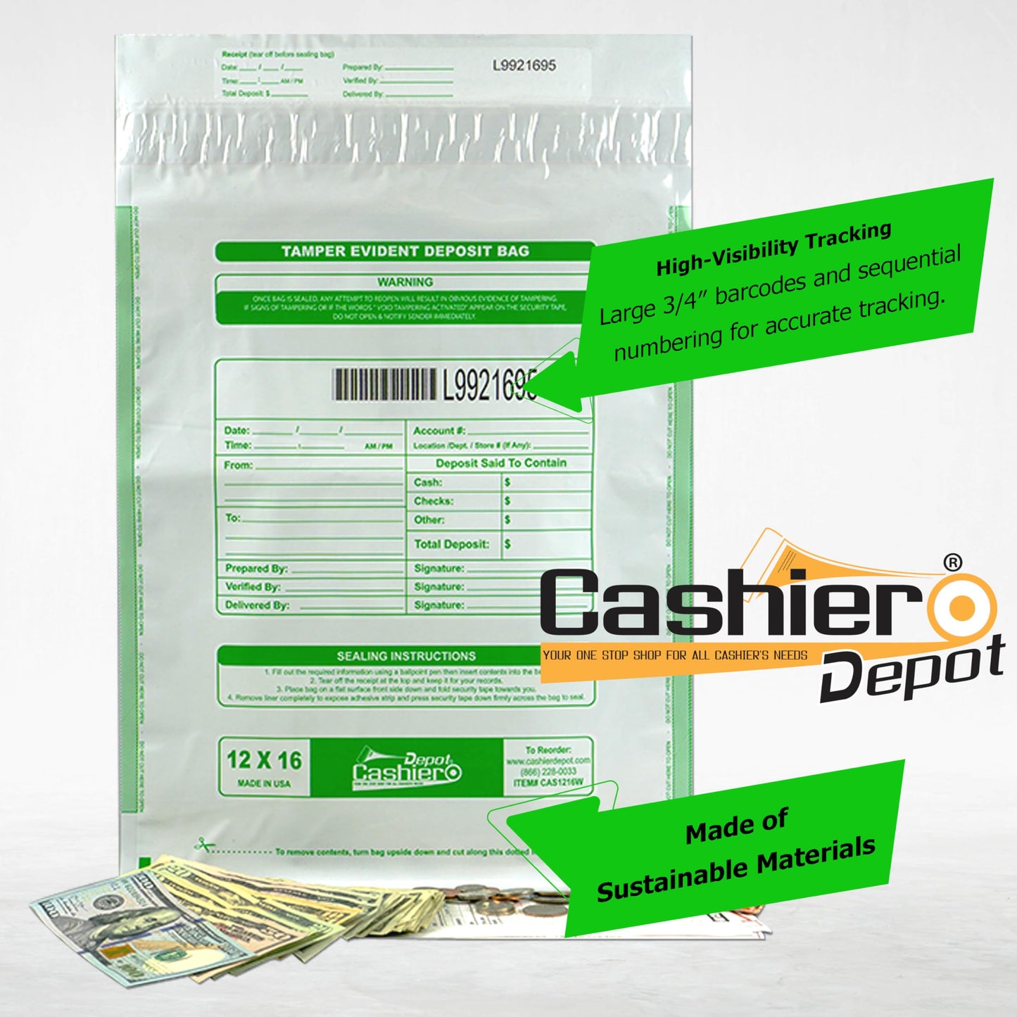 100 Cashier Depot - Tamper Evident Bank Deposit Bags, 12 x 16 Inches, White, 100 Count, Press & Seal Void Closure, Serialized Numbering with Barcode, Made in USA