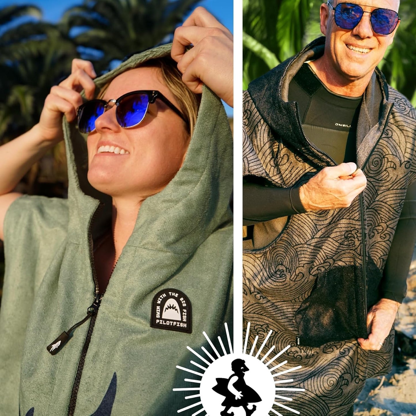 Pilotfish Surf Poncho Changing Robe Towel - Hooded, Zippered Towel Poncho for Beach, Surfing, Swimming | 2 Front Pockets, Machine Washable, (Serape, Large)