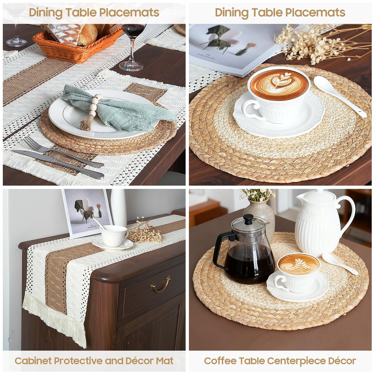 Placemats Set of 6 with Charger Plates Table Mats Table Runner and Napkin Rings,Made of Natural Cotton Burlap and Corn Husk,Non-Slip Heat-Resistant Boho Fall Placemats for Dining Table Décor