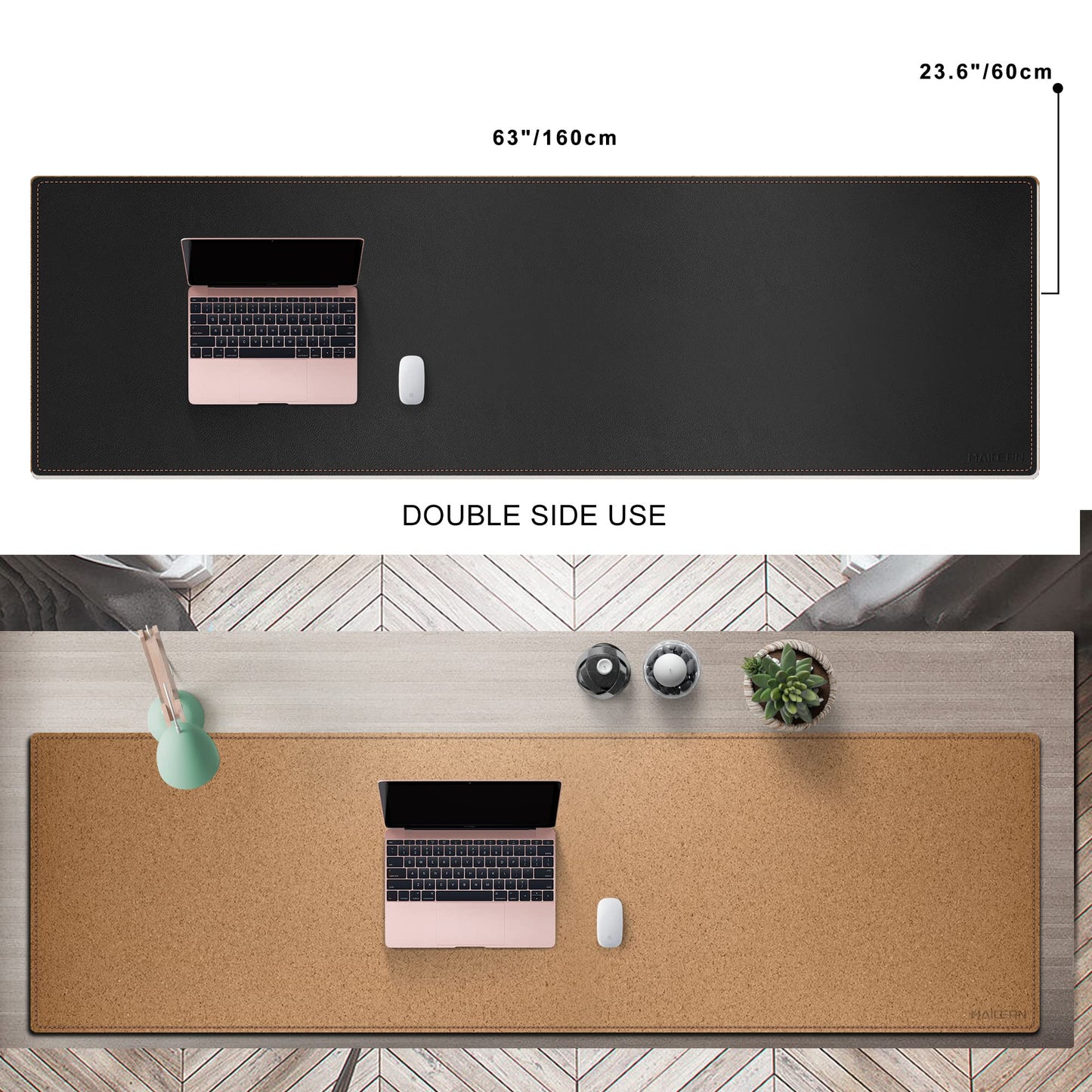 MAIDERN Cork & Leather Desk Mat, 63' x 23.6' Large XXL, Full Size Reversible Desk Pad Protector for Gaming & Home Office (Black)