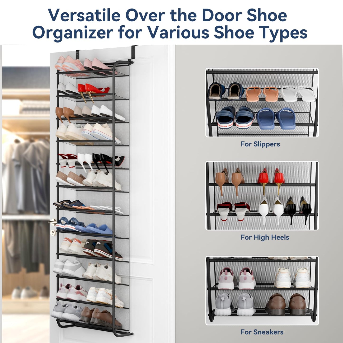 Whitmor 36 Pair Over The Door Shoe Organizer, 12 Tier Hanging Shoe Organizer, Heavy Duty Metal & Mesh Shoe Holder, Hanging Shoe Rack for Closet Organizer, 74" L x 21.7" W x 7.5" H, Matt Gunmetal