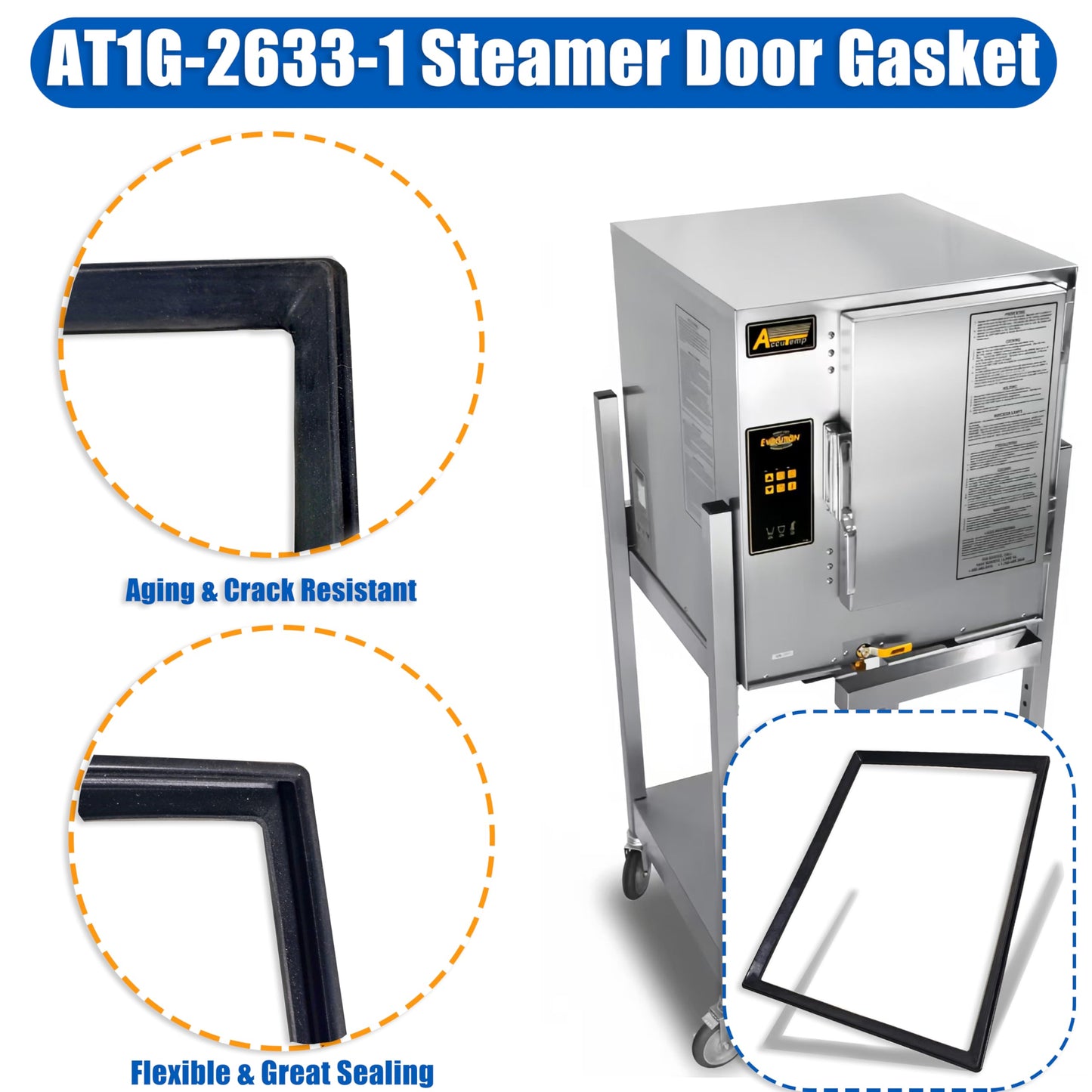 AT1G-2633-1 Steamer Door Gasket Replacement Compatible with Accutemp 208D6-300 E62083D100, 18.5″×13.8″ AT1G26331 Commercial Steamer Door Seal for Evolution SNH Series 6 Pan Steamers