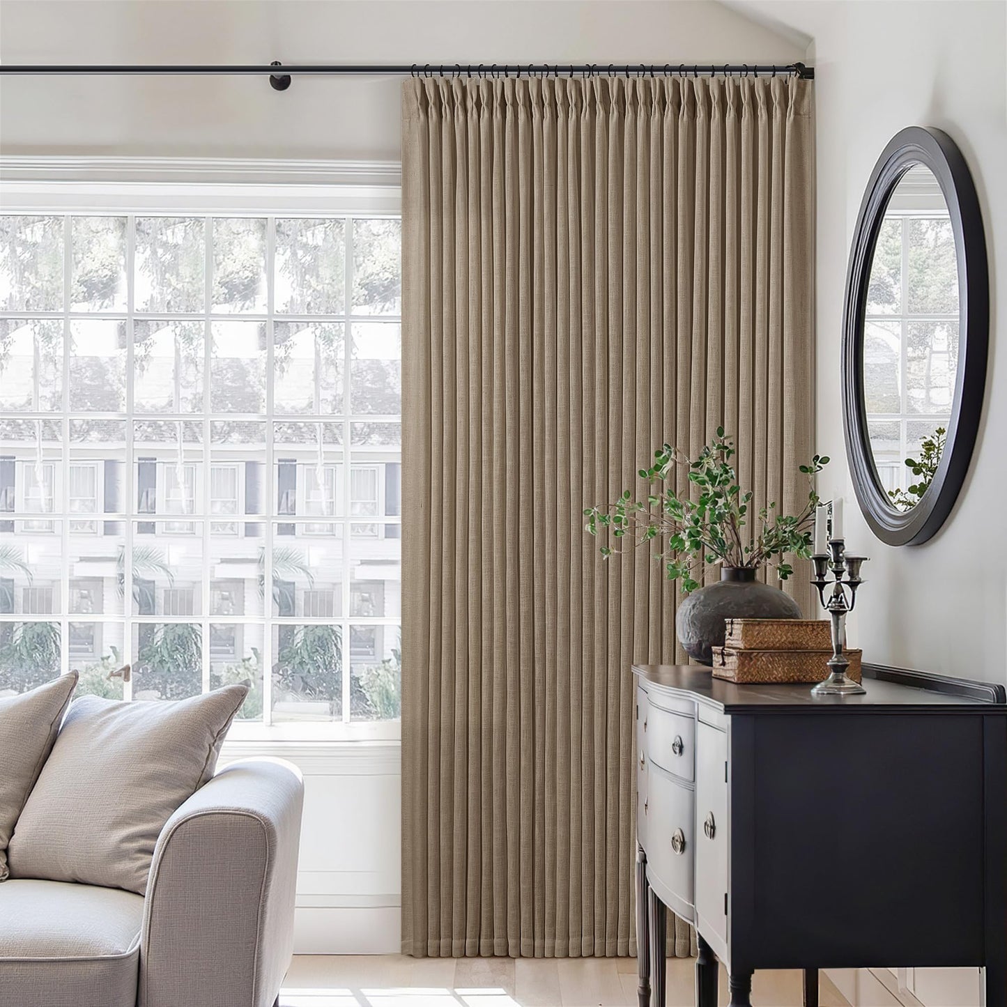 TWODRAPES Pinch Pleated Neutral Linen Curtains 2 Panels Set Living Room Dining Pinch Pleat Back Tab Light Filtering Farmhouse Boho Retro Window Curtain Drapes 84 Inch Length Latte Tan Brown