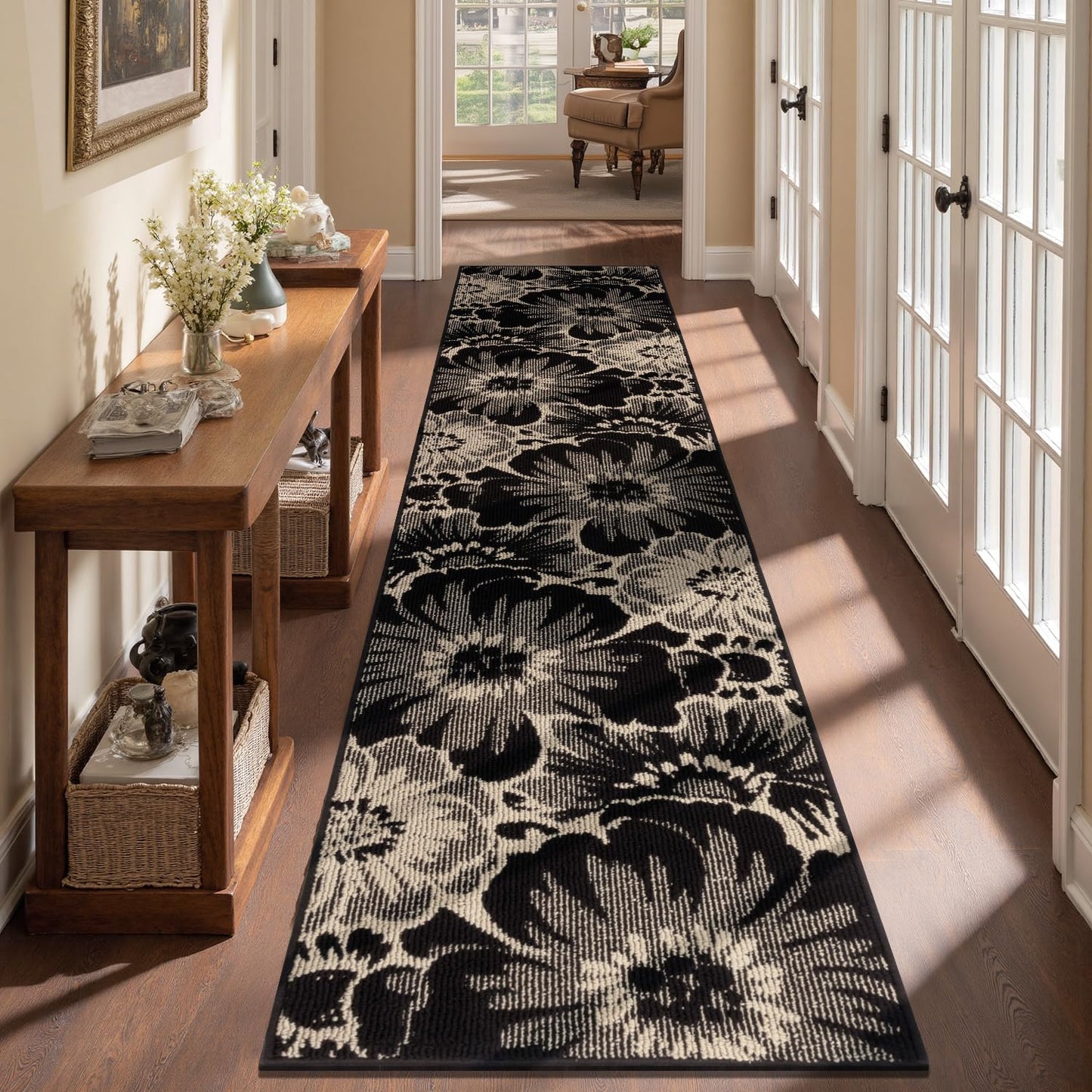 Findosom Hallway Runner Rug 2x10, Non Slip High-Low Textured Floral Washable Runner Rug with Rubber Backing, Boho Carpet Runner for Kitchen, Entryway, Bedroom, Laundry, Black & Beige