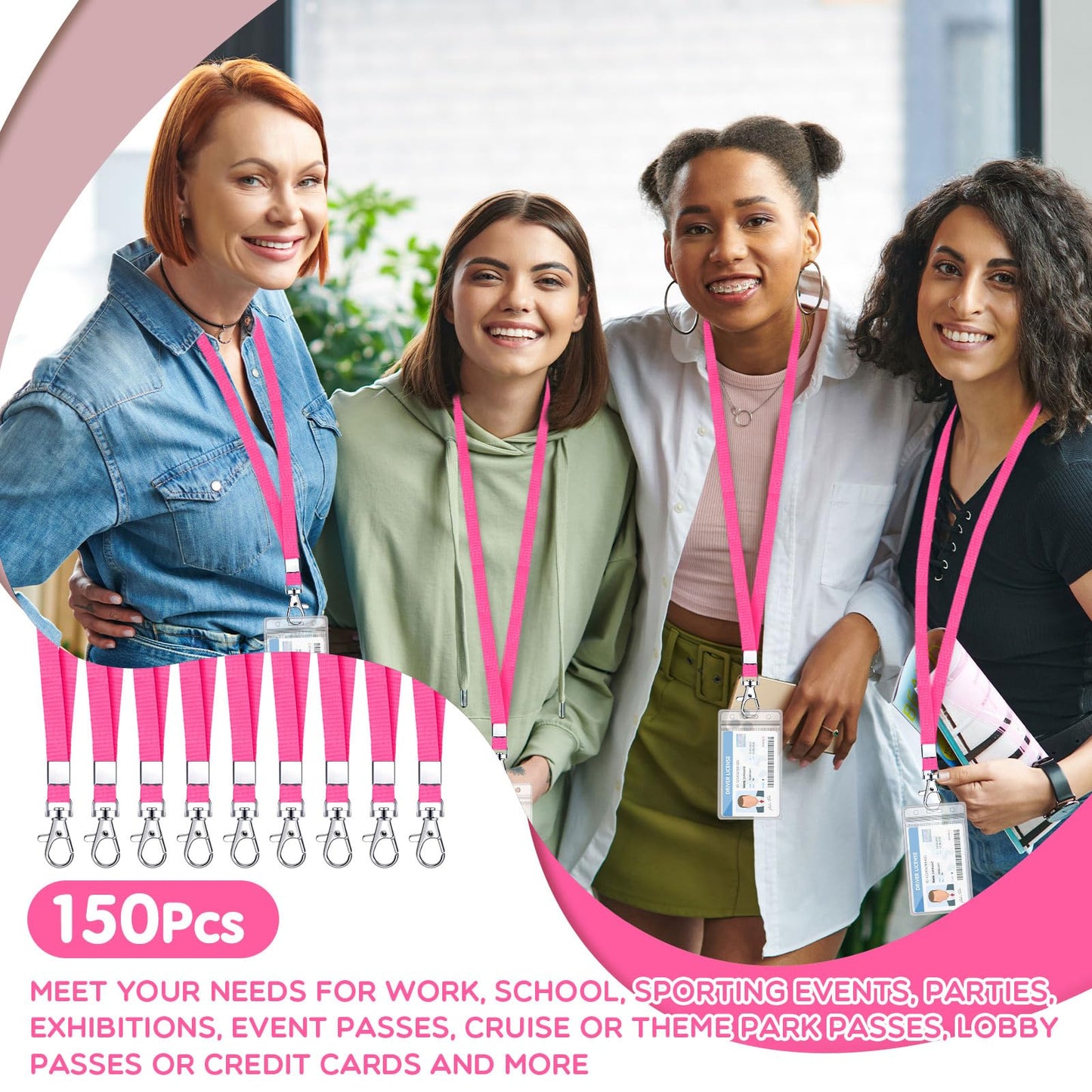 Cholemy 150 Pcs Pink Lanyards for ID Badges Nylon Necklace Lanyard Bulk with Clip Swivel Hook for Women Staff Students Key Chains (Lobster Clasp)