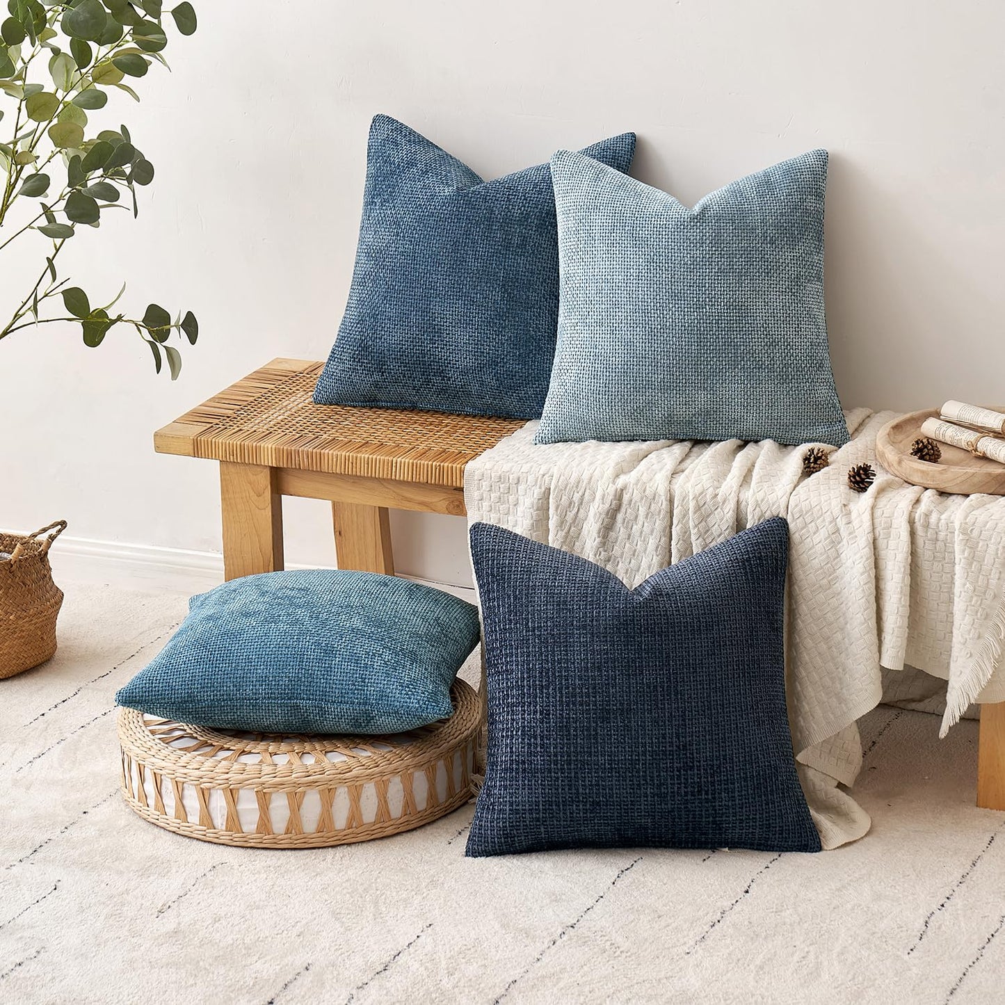 MIULEE Pack of 4 Couch Throw Pillow Covers 18x18 Inch Neutral Blue Soft Decorative Chenille Pillow Covers Farmhouse Accent Cushion Covers for Boho Western Spring Coastal Decor Sofa Bed Living Room