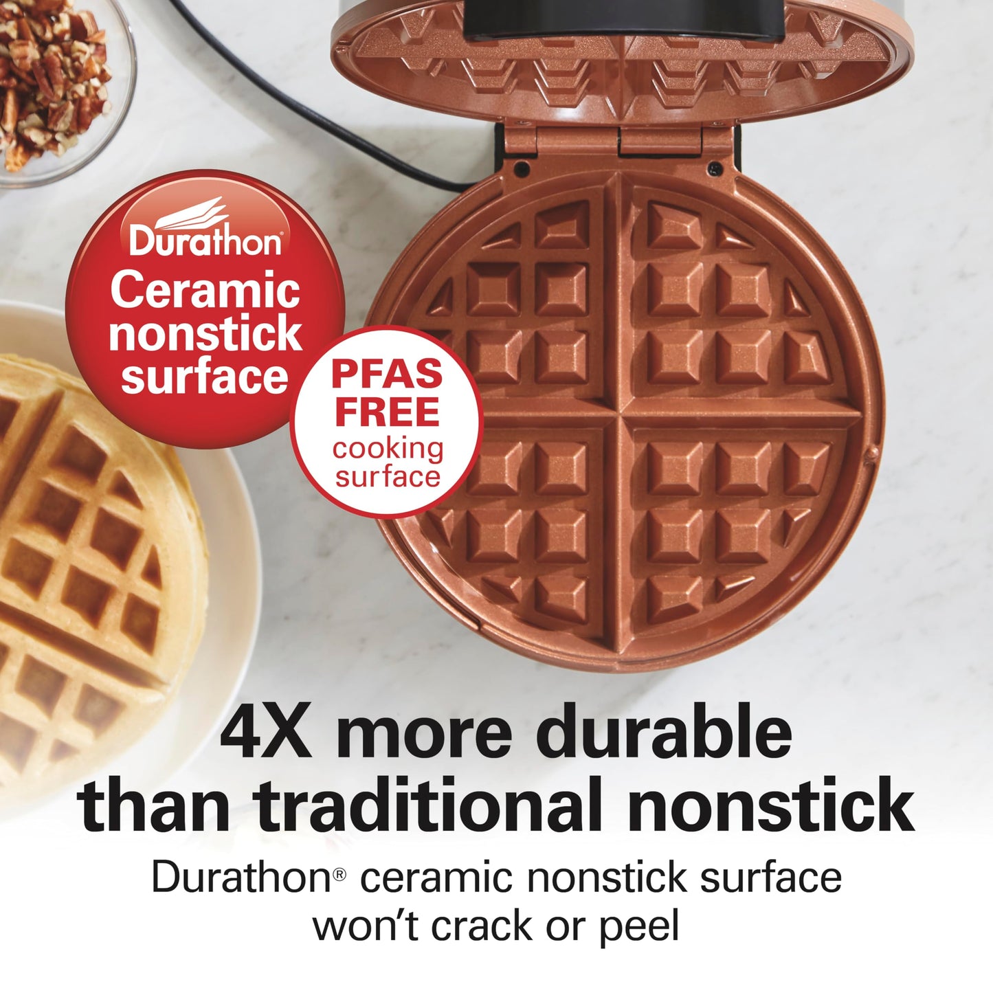 Hamilton Beach Belgian Waffle Maker with PFAS-Free Non-Stick Ceramic-Coated Plates, Browning Control, Indicator Lights, Stainless Steel (26081)