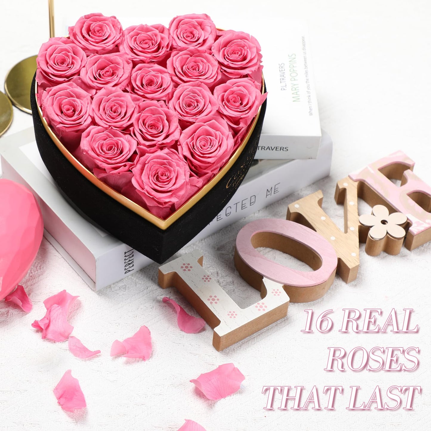 Casaido Preserved Roses Flowers for Delivery 16 Pcs, Mothers Day Rose Gifts for Her, Forever Flores in Heart Box with Necklace, Anniversary Birthday Christmas Vanlentines Gift for Wife Mom, Pink