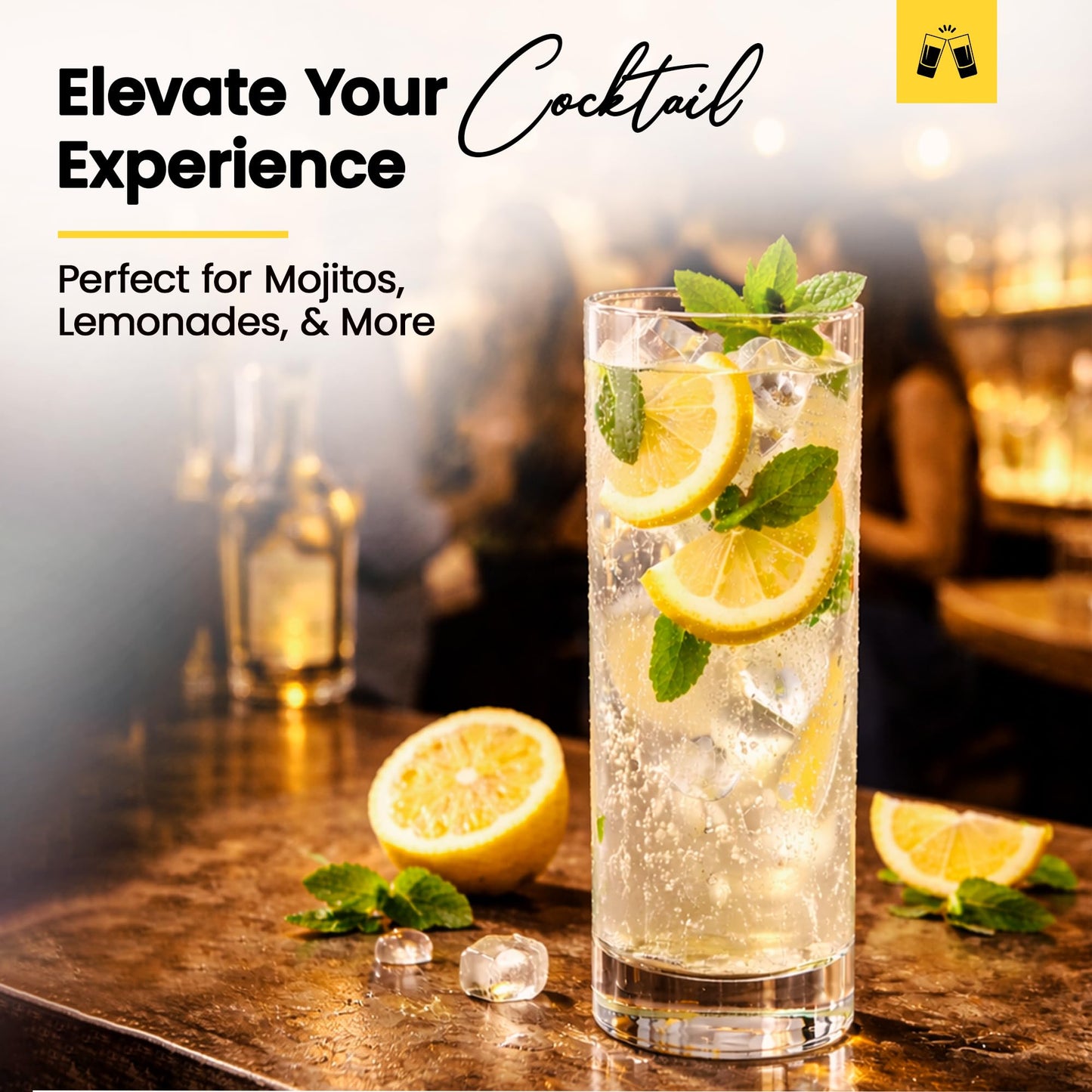 LEMONSODA Premium Highball Glass Set | Tom Collins Glasses 12oz Set of 6 | Lead-Free Glass with Heavy Base | Dishwasher Safe Cocktail Glasses for Mojito Whiskey Iced Tea | Modern Durable Bar Glassware
