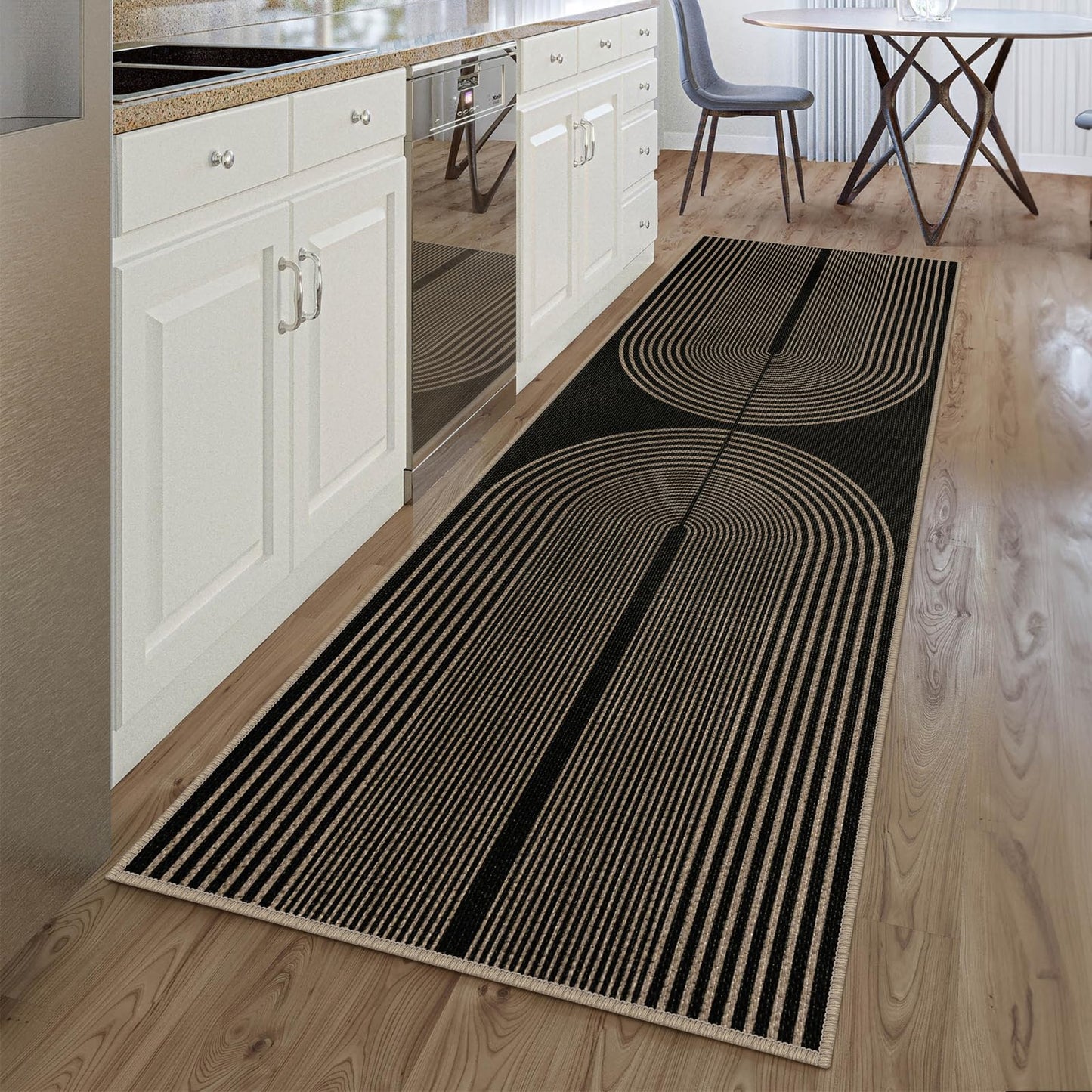 Rugalia Easy Jute Rainbow Runner Rug, 2.6x8 Black Washable Rugs Runner for Hallway Non-Slip Boho Farmhouse Kitchen Runner Rug, Modern Abstract Indoor Outdoor Carpet for Porch Laundry Entryway
