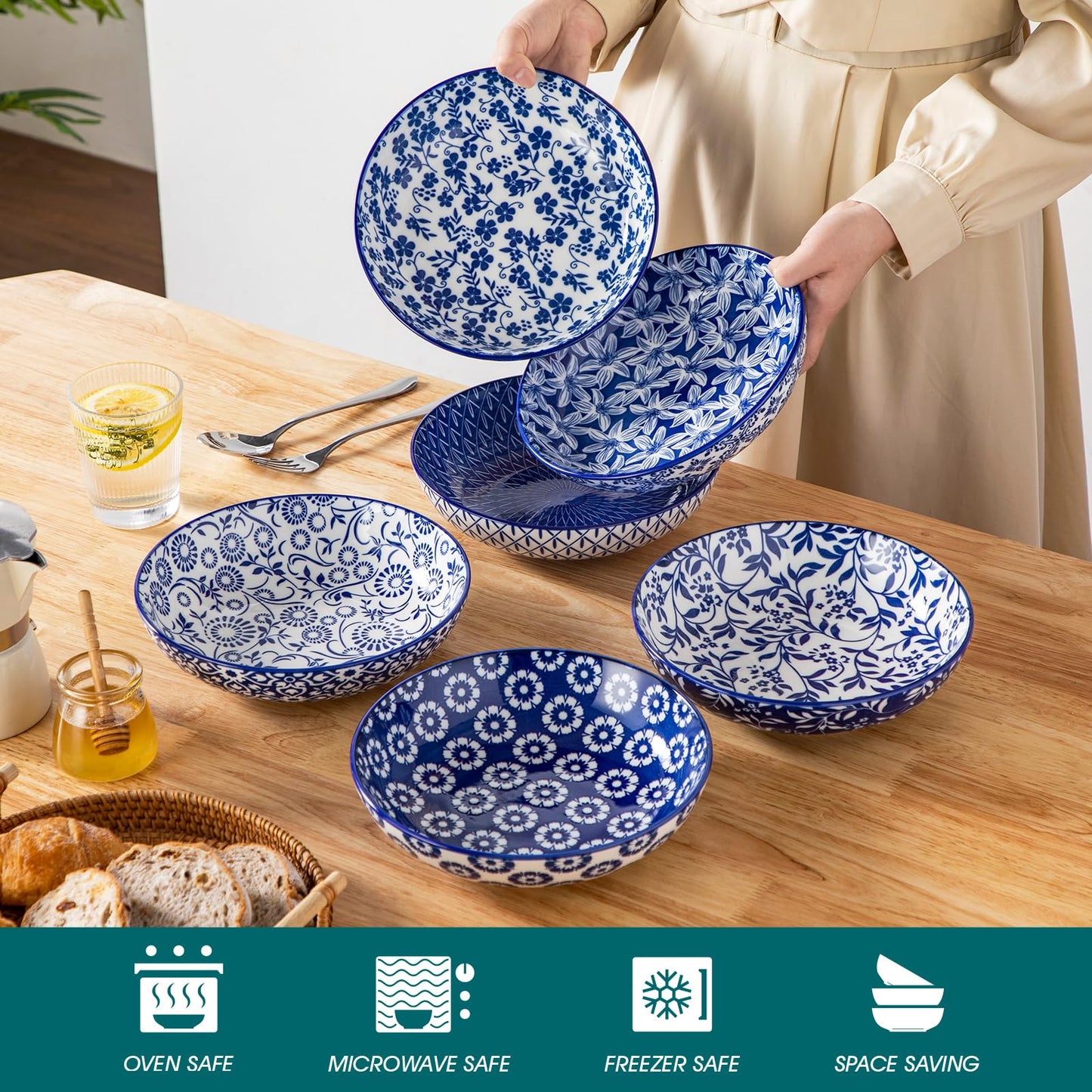 vancasso Selene 8.5" Pasta Bowls Set of 6, 40 oz Porcelain Shallow Salad Bowls, Serving Bowls Large Kitchen Bowl Plates Pasta Plates, Blue & White Floral Design, Microwave Safe