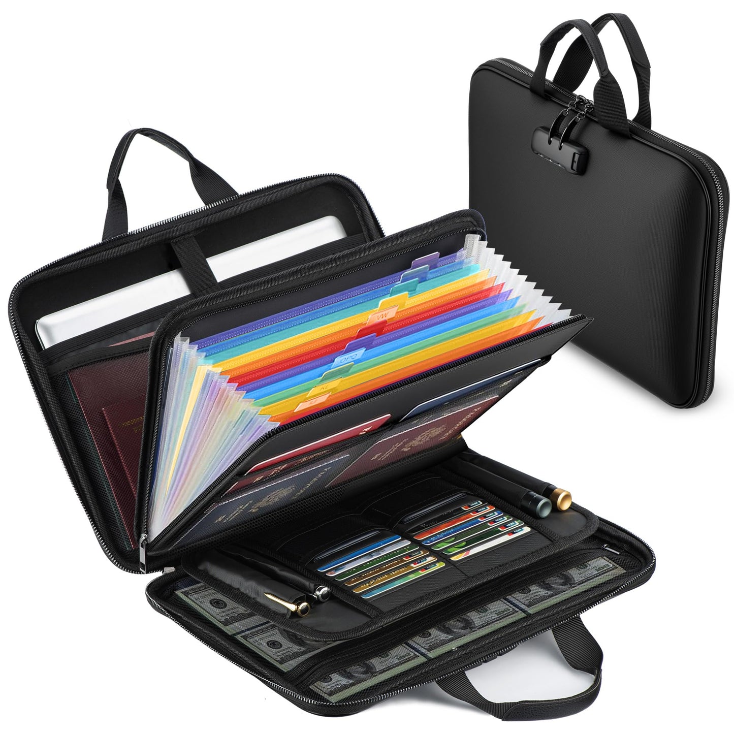 facka Fireproof Document Box with Combination Lock, Hard-Shell Fireproof File Organizer for Legal Documents, Laptop, Valuables & Important Papers, 13-Pocket Accordion File Folder