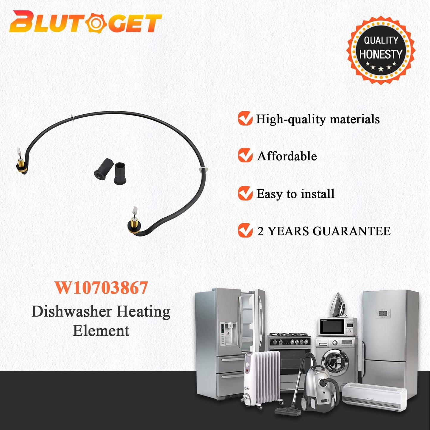 2026 Upgraded W10703867 Dishwasher Heating Element by Blutoget- Fit for Whirlpool Kitchen.Aid Ken.more Dishwasher - Replaces AP5809076 W10696509 W10195052 W10329322 W10473250 W10518402 W10687954