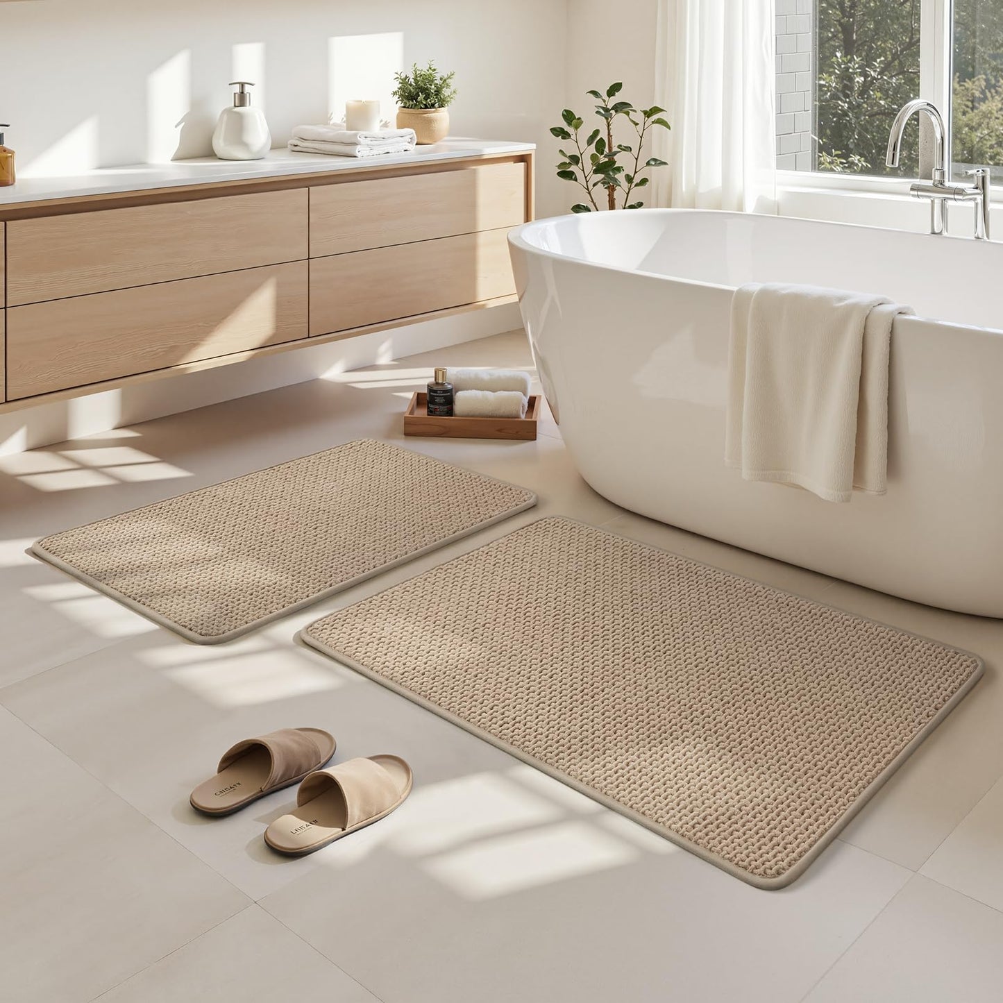 HOMEIDEAS Bathroom Rugs Set 2 Piece, Ultra Thin Non-Slip Bath Mats Rubber Backed, Chenille Absorbent Quick Dry Mats for Shower & Vanity, Low Profile Fits Under Door (Beige, 32"x20"+24"x17")