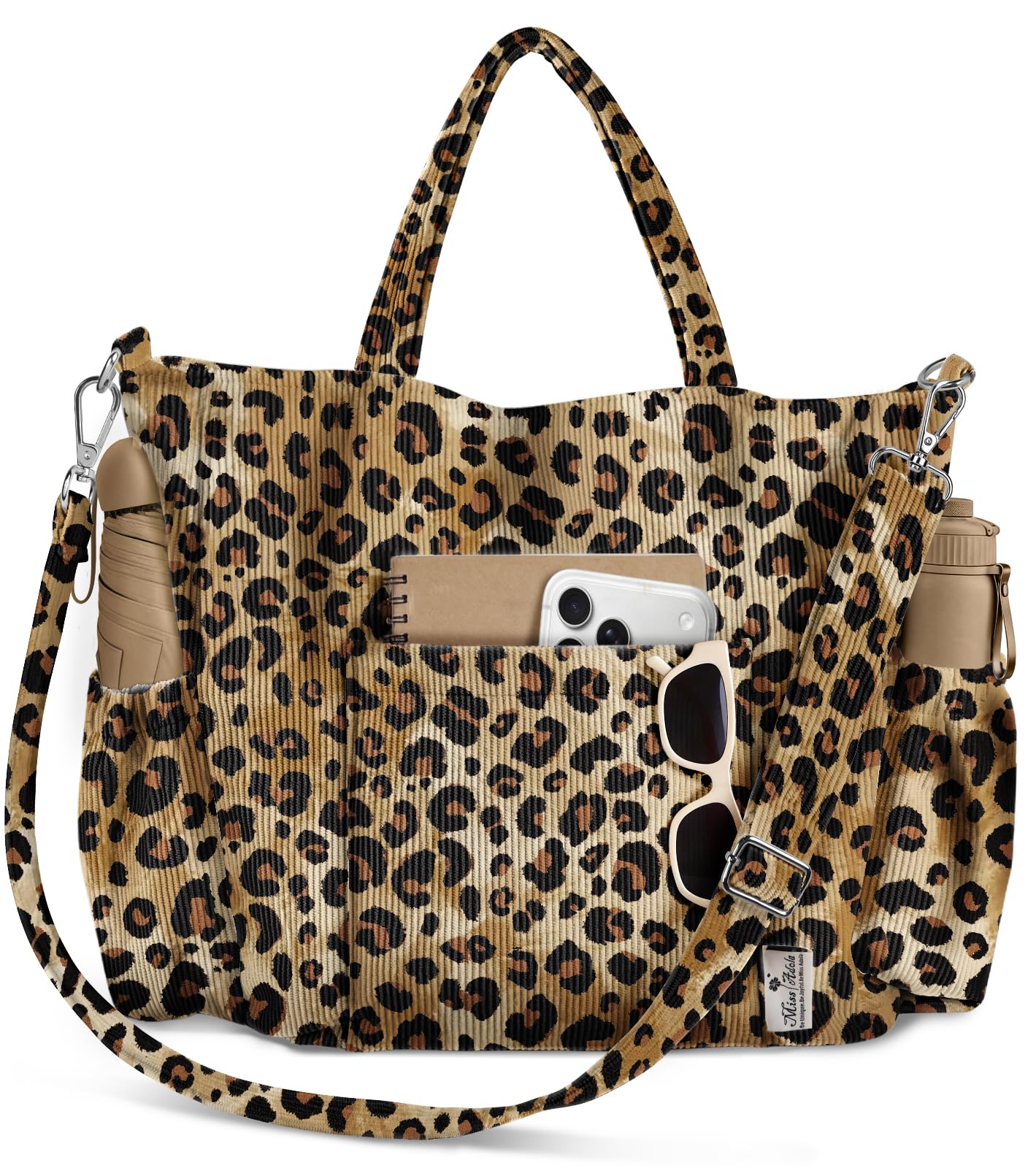 Miss Adola Crossbody Corduroy Tote Bag for Women, Large Tote Bag with Multi-Pockets and Zipper, Cute Essentials for Travel, Work -Classic Leopard