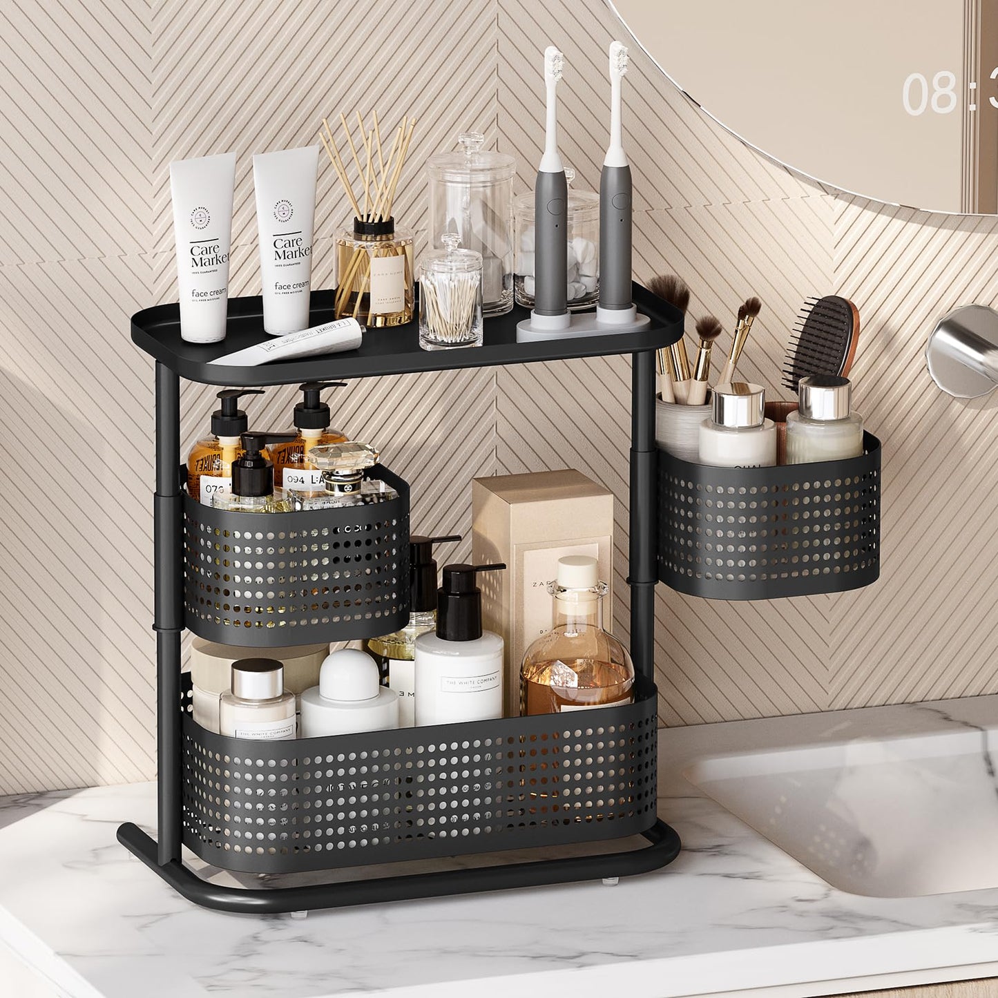 3 Tier Bathroom Counter Organizer, Rotating Countertop Vanity Storage Cabinet with Standing Shelf, Cosmetic Holder for Skincare & Makeup, Kitchen Spice Rack, Bedroom Nightstand Organizer, Black