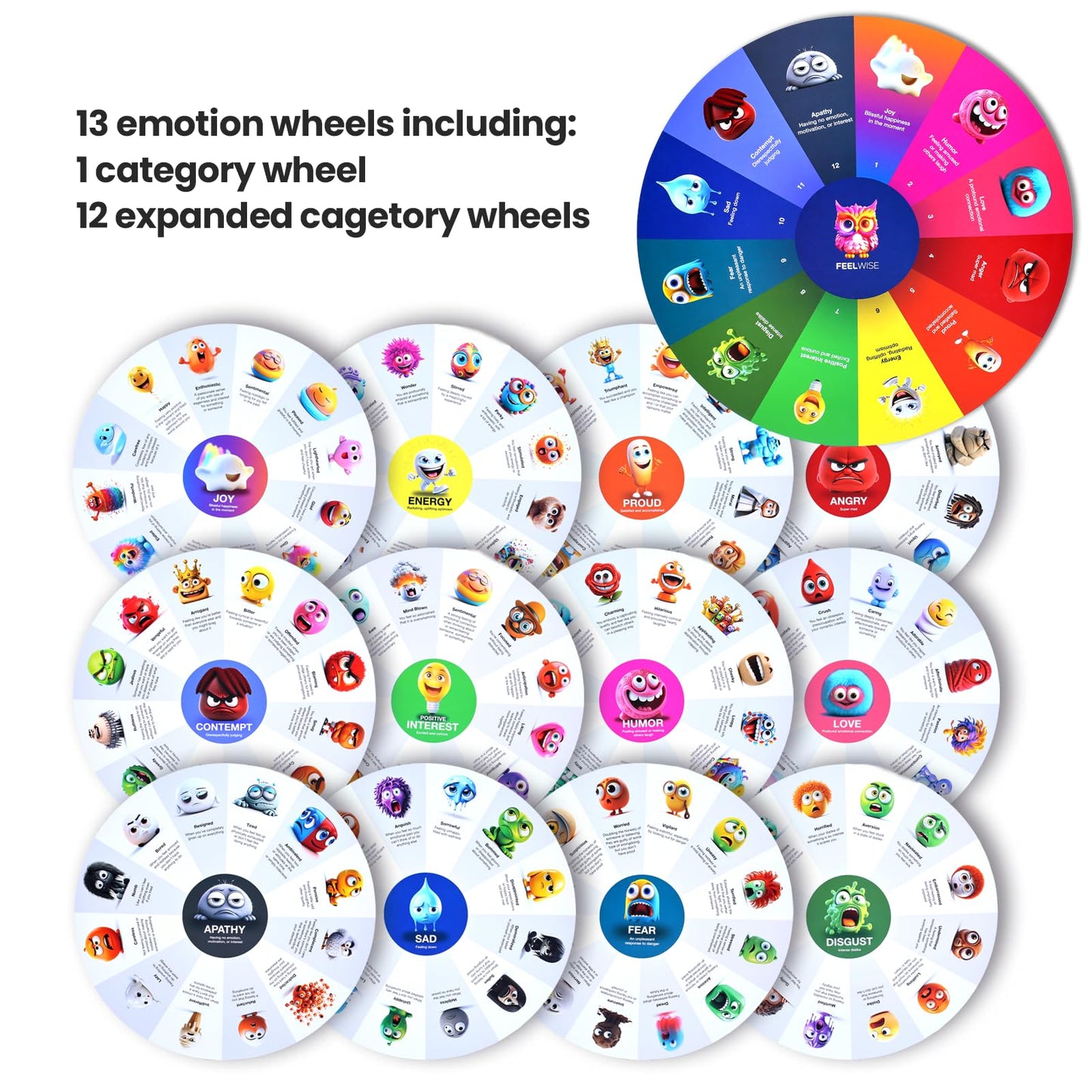 FeelWise Super EQ Kit - For Building Emotional Intelligence - Thirteen 12" Round 2-sided Emotion Wheels w/ Storage Envelope & Instructions - Emotion Learning Games for Kids, Parents, Professionals, Teachers, School Counselor - Screen-Free Activities