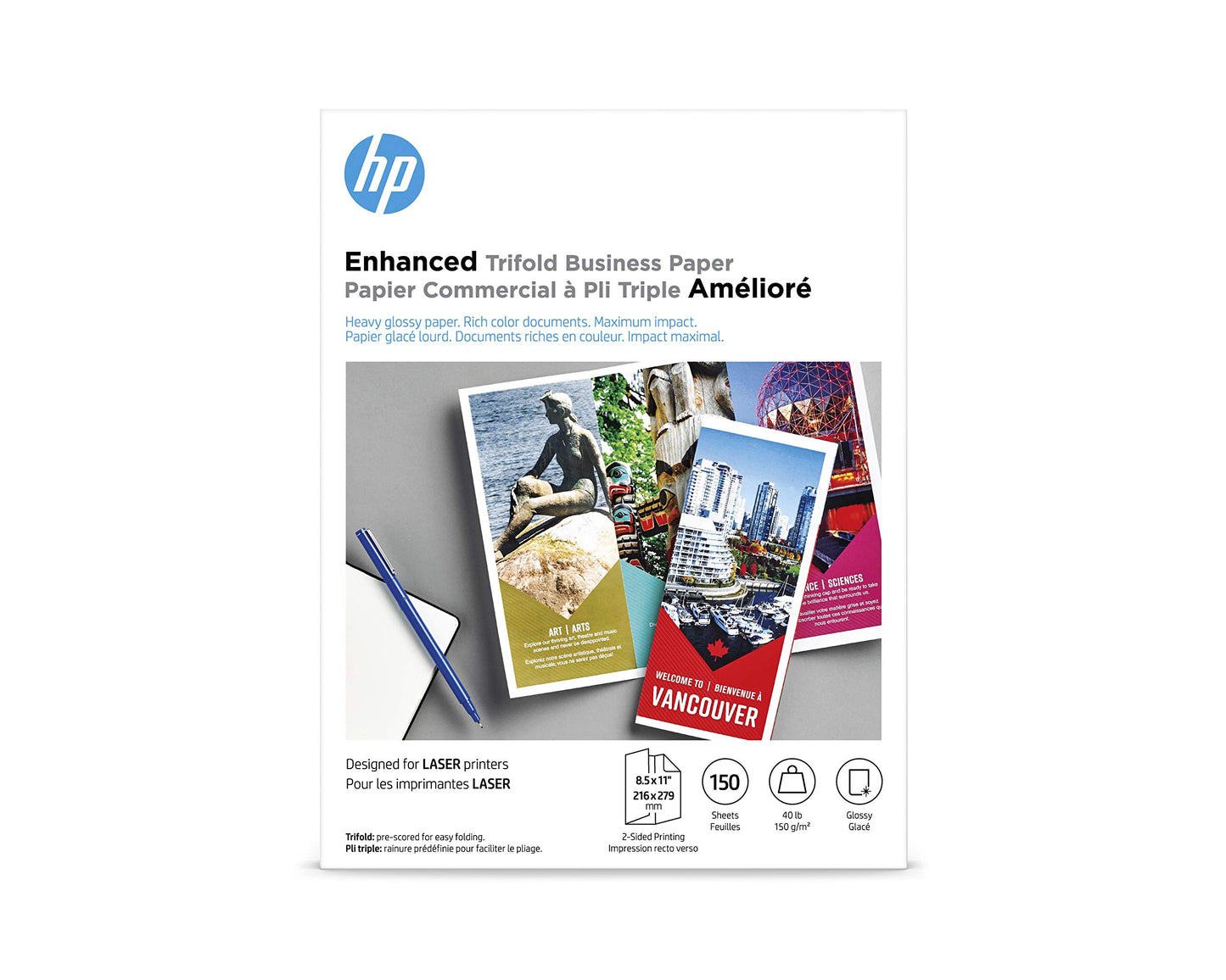 HP Enhanced Tri-fold Business Paper, Glossy, 8.5x11 in, 40 lb, 150 sheets, works with laser printers (Q6612A)