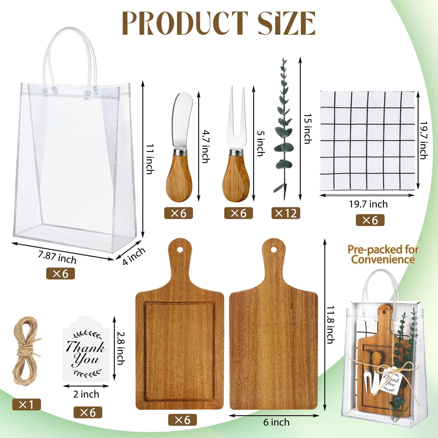 Kochorie 6 Sets Baby Shower Prizes for Game Winners 49 Pcs Square Acacia Wood Cheese Board Gift with Knives Spoons Gift Bags Kitchen Towels Bridal Shower Party Favors for Guests