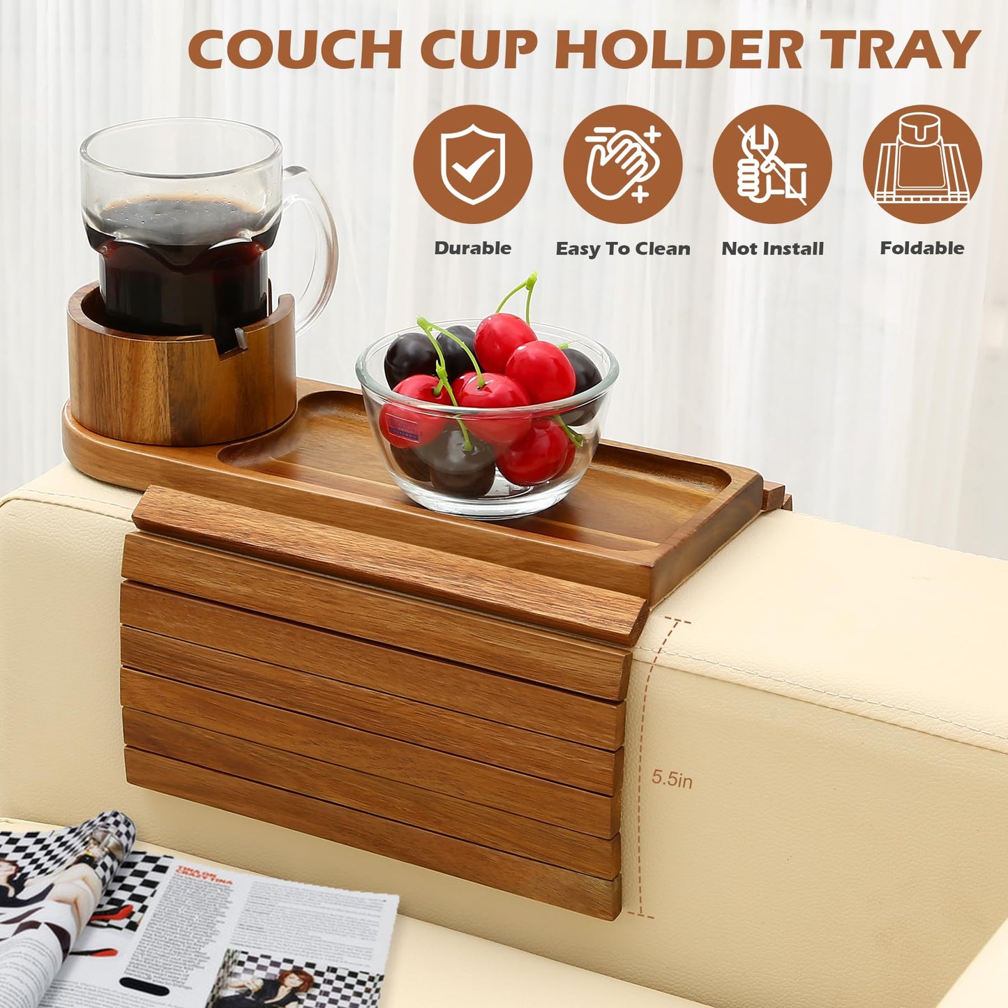 BAMTRAY Couch Cup Holder Tray, 15.75" Acacia Wood Couch Armrest Table, 3 in 1 Foldable Sofa Clip on Side Table with 360° Phone Stand, Armrest Tray for Coffee Snacks
