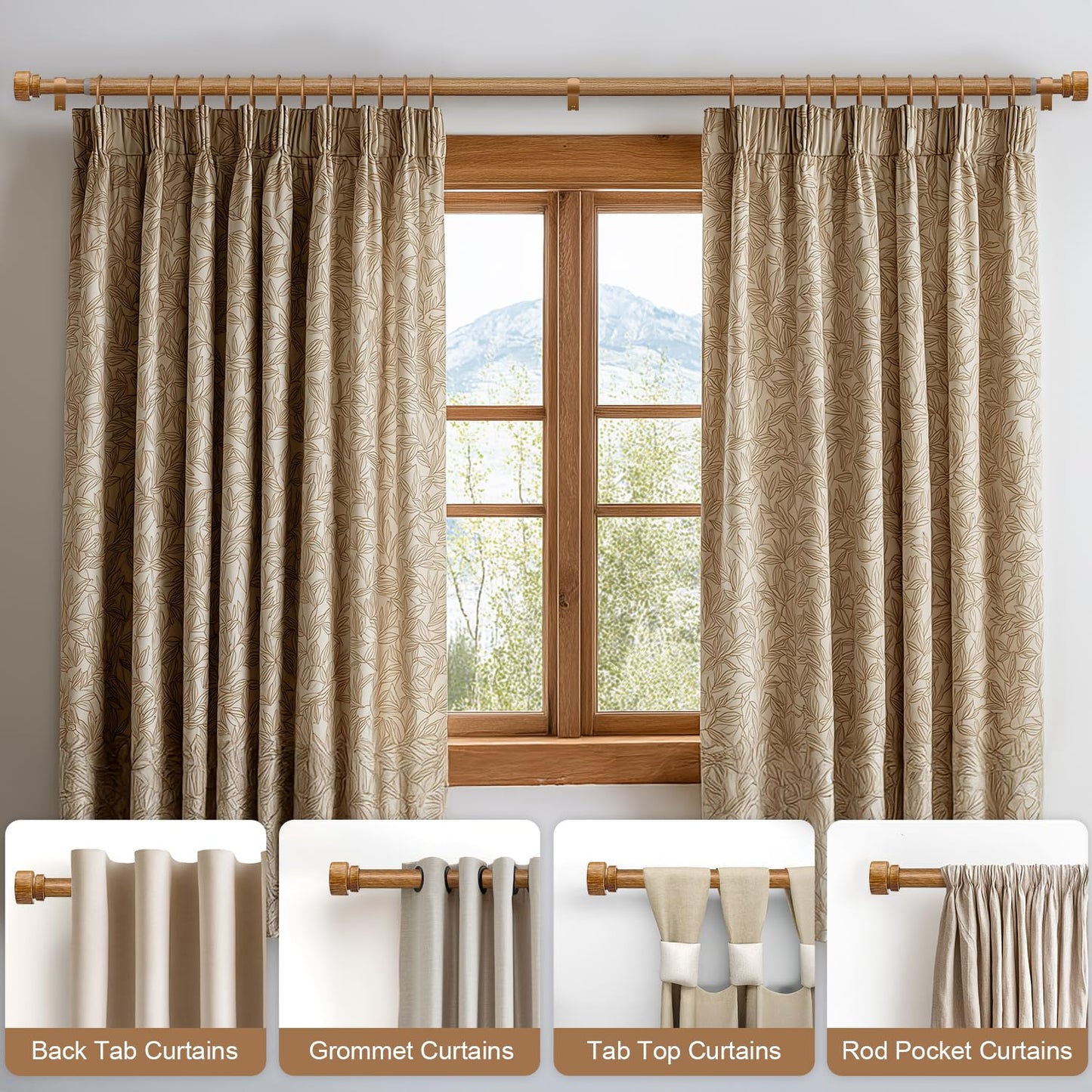 Lootkell Wood Curtain Rods for Windows 66 to 120 Inches 1" Diameter Boho Decorative Heavy Duty Long Window Curtain Rod Adjustable with Handmade Wood Grain Design for Living Room Bedroom Kitchen