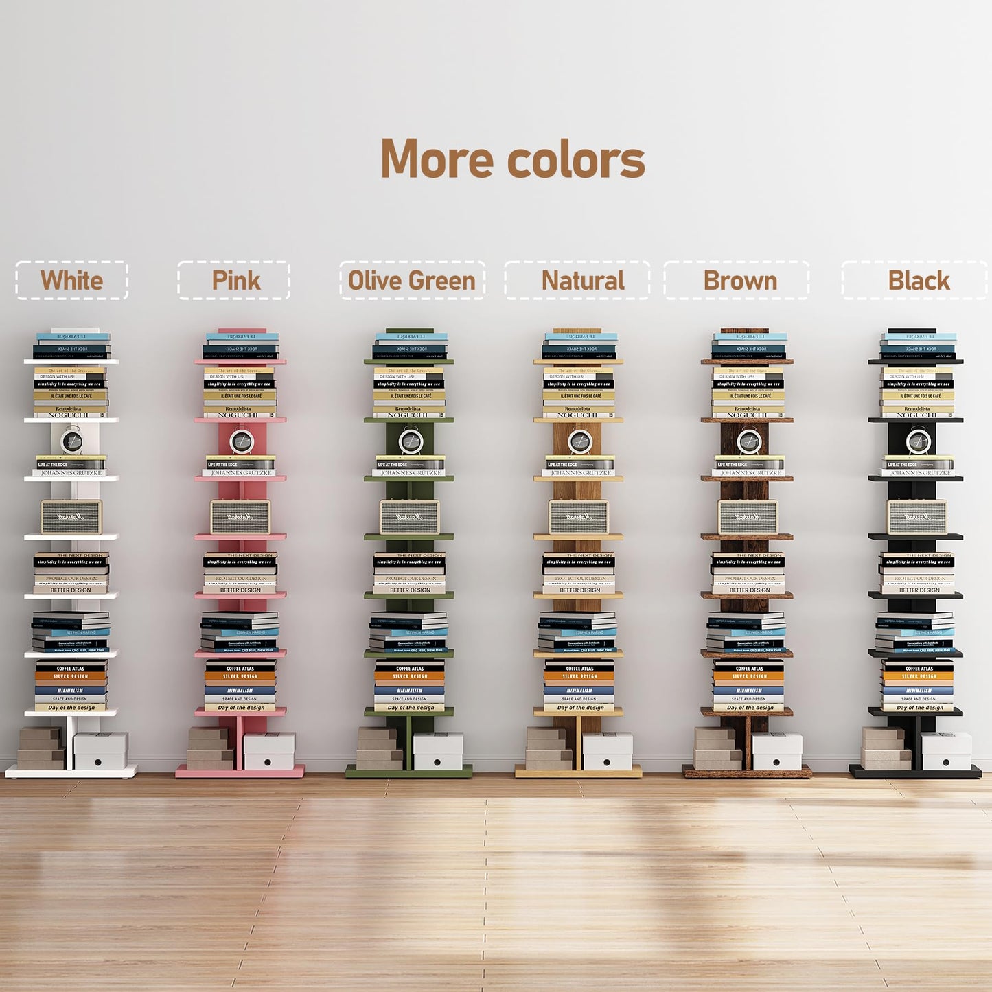 TUTOTAK Narrow Bookshelf, 8-Tier Bookcase, Spine Book Shelf for Small Space, Corner Standing Shelf for Living Room, Office, Study, Entryway, Natural BS06BN008