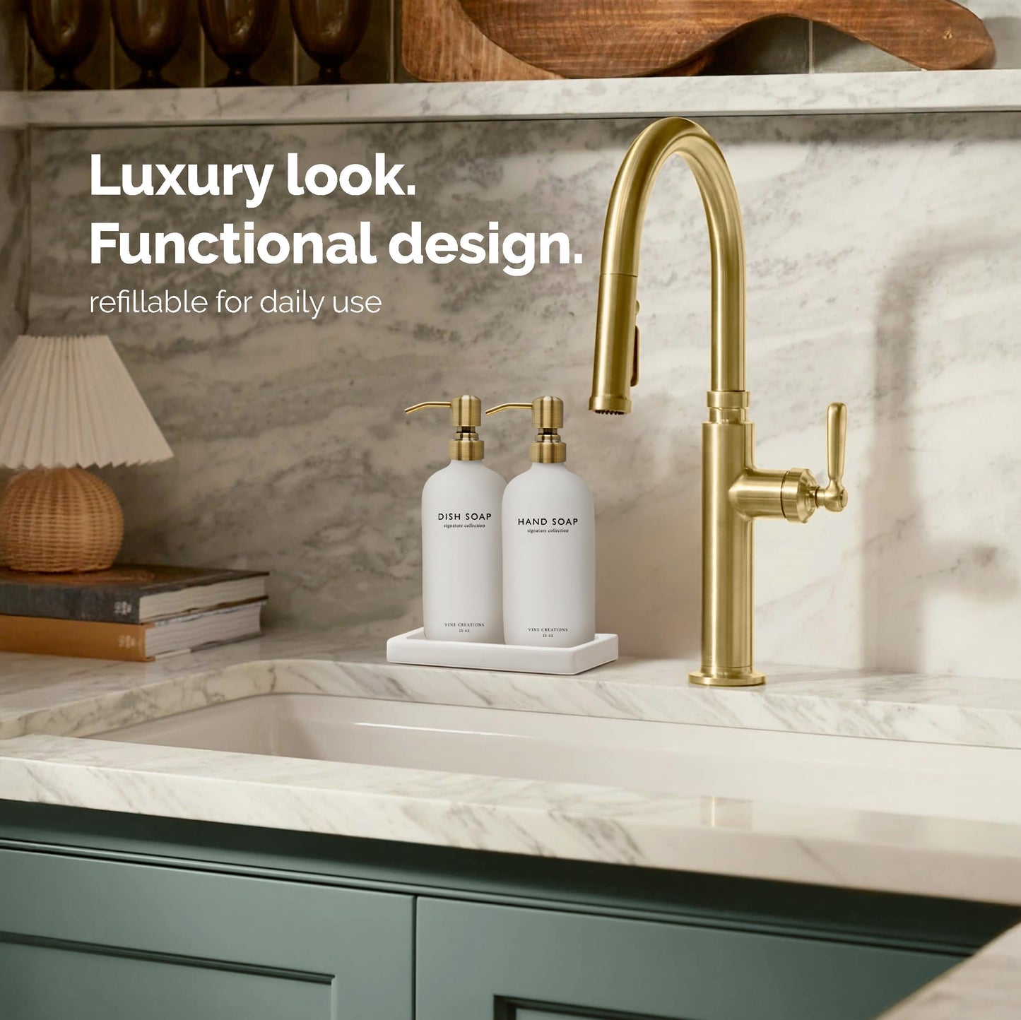 Vine Creations Glass Soap Dispenser Set, Kitchen Soap Dispenser Set with Ceramic Tray, 16 oz Dish Soap and Hand Soap Dispenser Set with Stainless Steel Pump Decor (White Bottle/Brushed Brass)